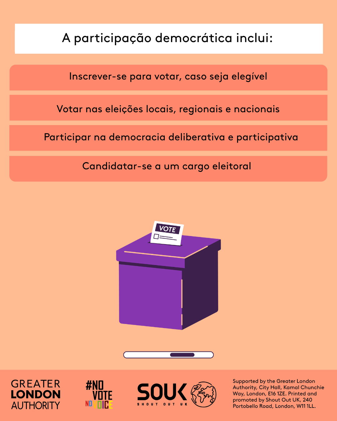 Democratic participation includes registering to vote, if eligible, voting in local, regional and national elections, taking part in deliberative and participatory democracy, standing for elected office. A ballot box with a ballot paper showing through the posting slot with ‘vote’ written on it. 