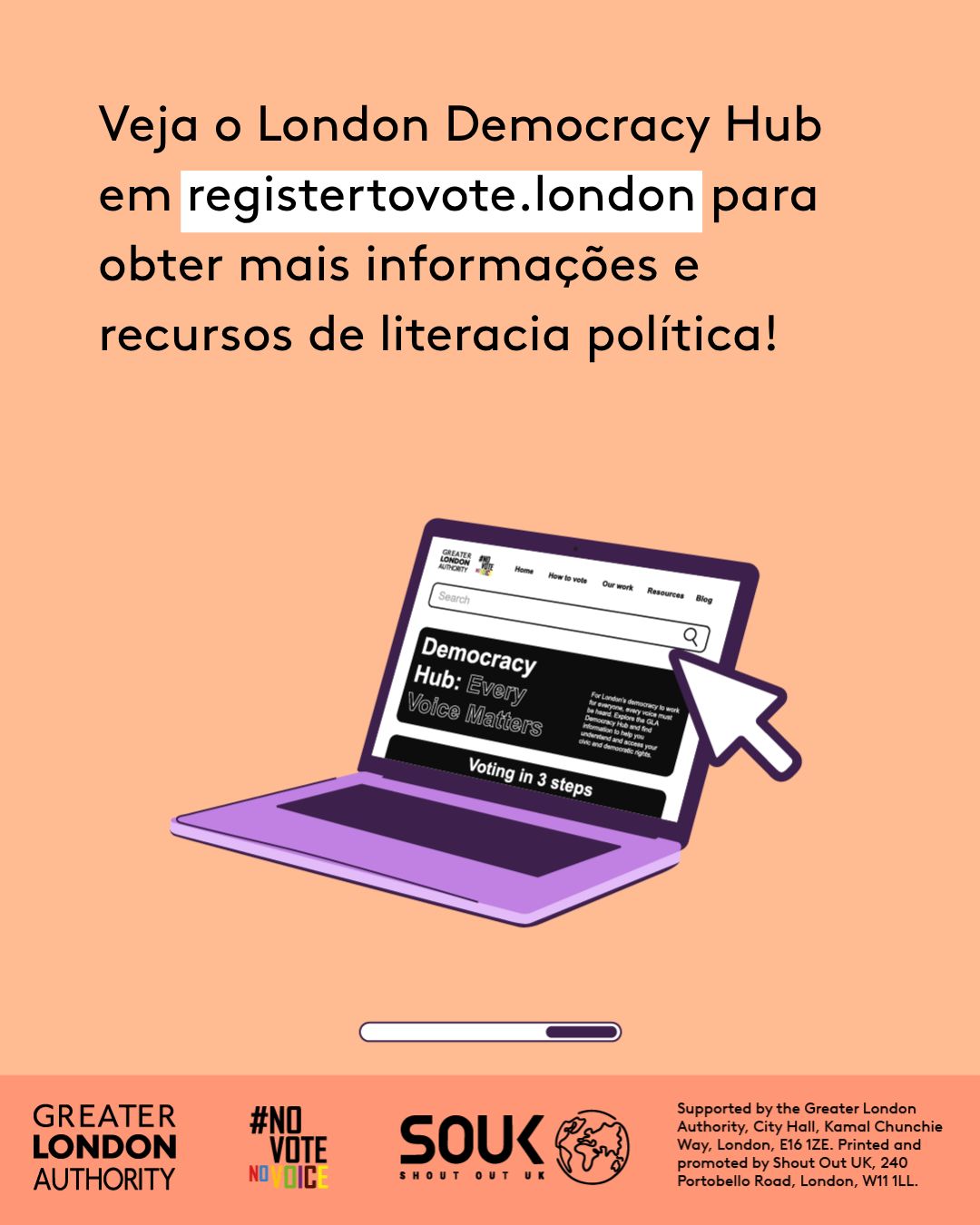 Check out the London Democracy Hub at GLA Democracy Hub for more info and political literacy resources with an open laptop computer with the Democracy Hub homepage on the screen. 