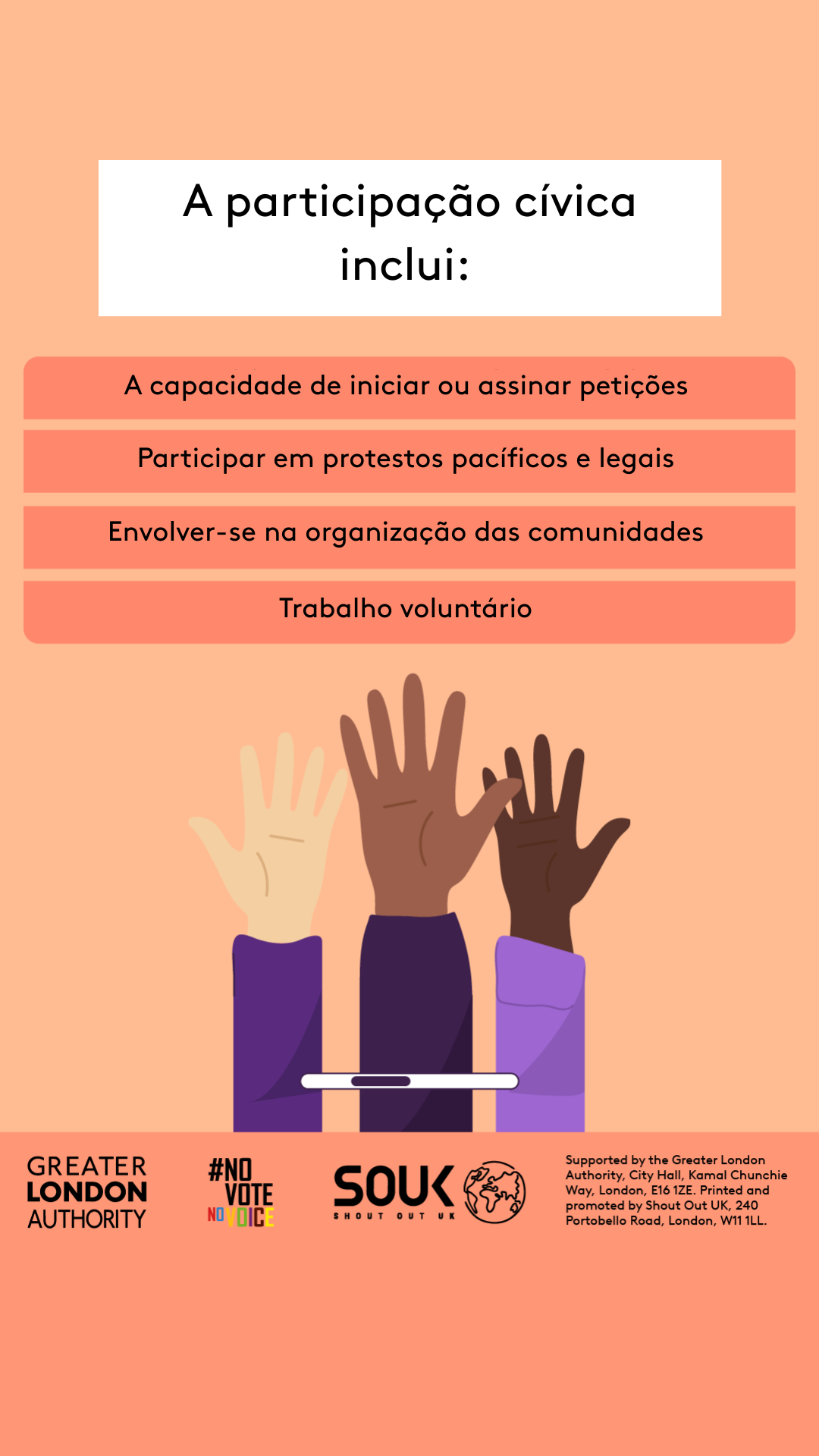 Civic participation includes the ability to start or sign petitions, taking part in peaceful, legal protest, being involved in community organising, volunteering. Three raised hands with open palms in different skin tones. 