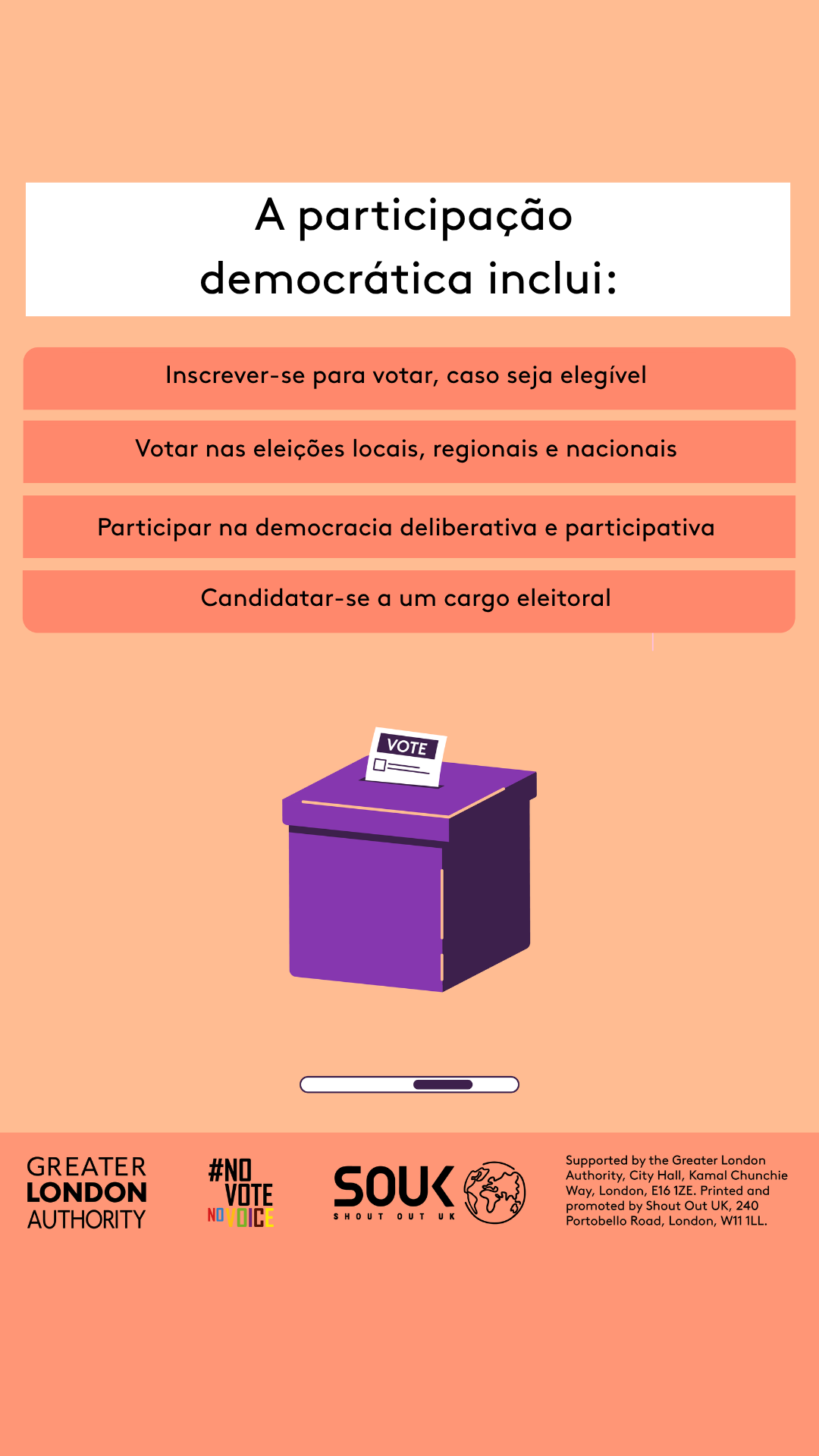 Democratic participation includes registering to vote, if eligible, voting in local, regional and national elections, taking part in deliberative and participatory democracy, standing for elected office. A ballot box with a ballot paper showing through the posting slot with ‘vote’ written on it. 