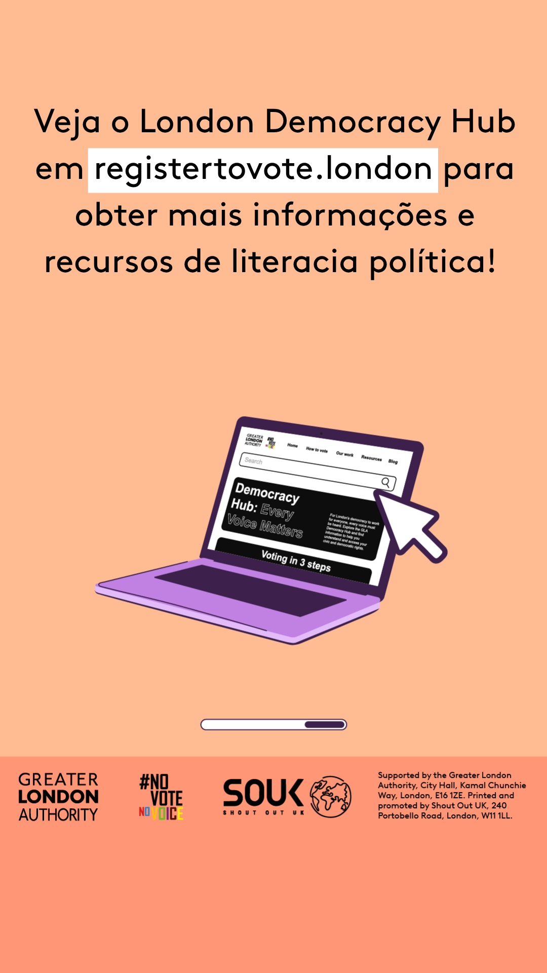 Check out the London Democracy Hub at GLA Democracy Hub for more info and political literacy resources with an open laptop computer with the Democracy Hub homepage on the screen. 