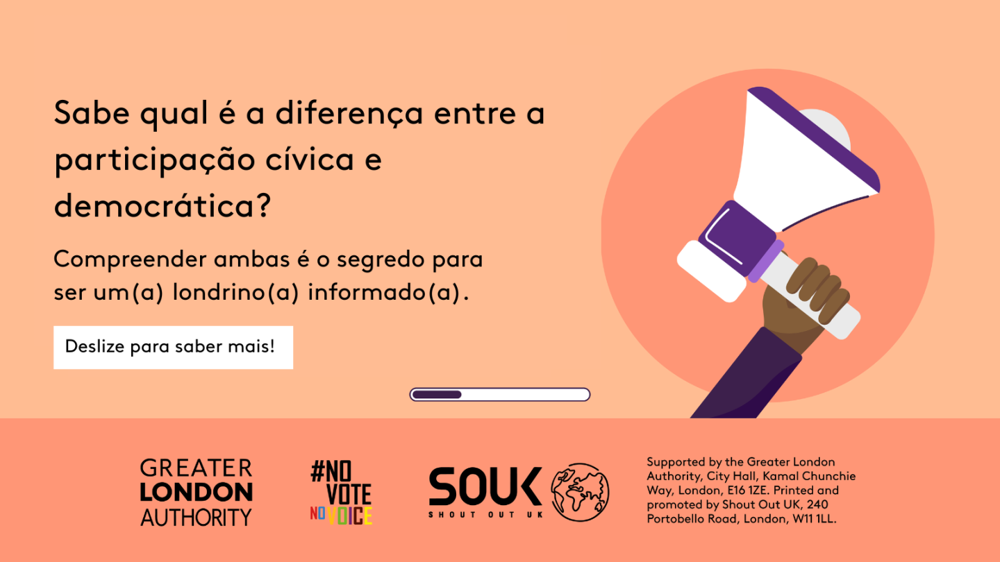 Do you know the difference between civic and democratic participation? A hand holding a megaphone. Understanding both is key to being an informed Londoner. Swipe to learn more! 