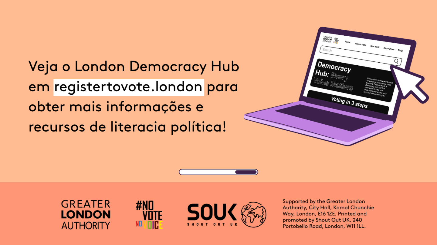 Check out the London Democracy Hub at GLA Democracy Hub for more info and political literacy resources with an open laptop computer with the Democracy Hub homepage on the screen. 