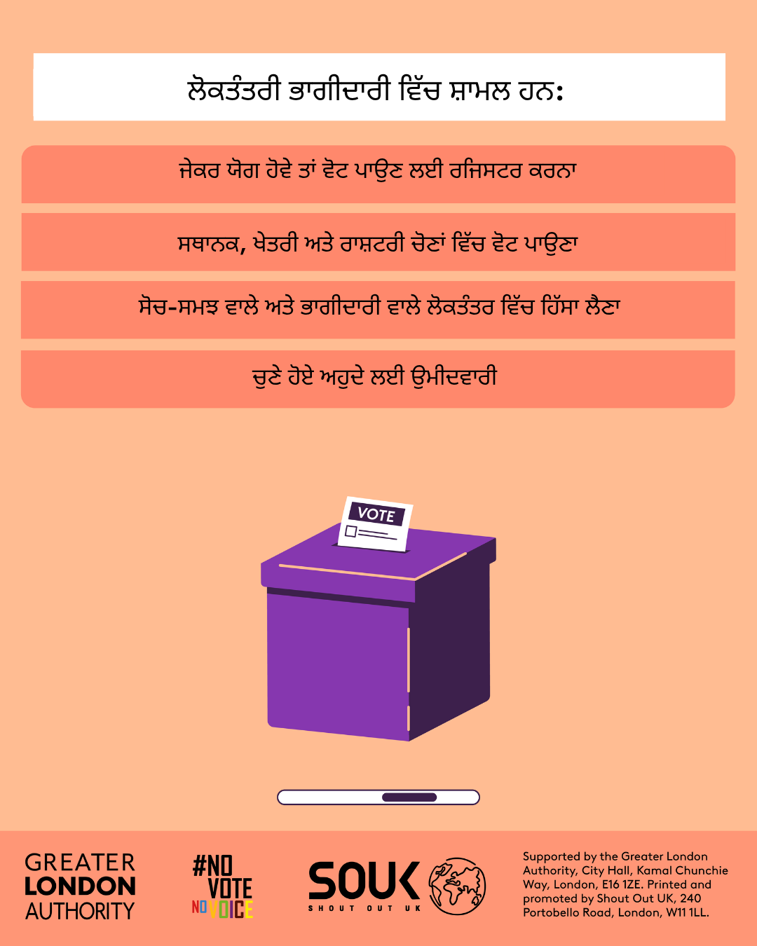 Democratic participation includes registering to vote, if eligible, voting in local, regional and national elections, taking part in deliberative and participatory democracy, standing for elected office. A ballot box with a ballot paper showing through the posting slot with ‘vote’ written on it. 