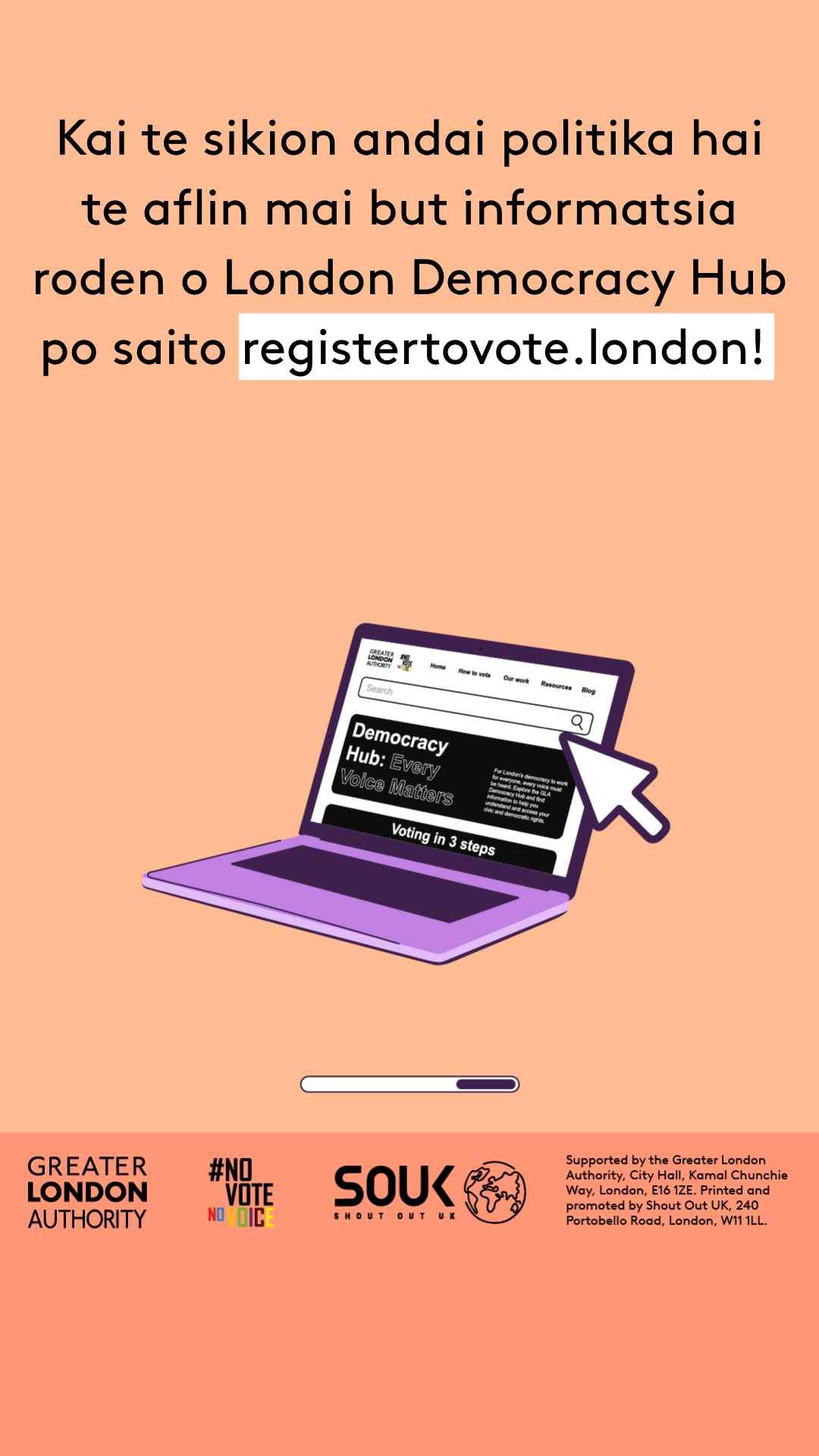 Check out the London Democracy Hub at GLA Democracy Hub for more info and political literacy resources with an open laptop computer with the Democracy Hub homepage on the screen. 