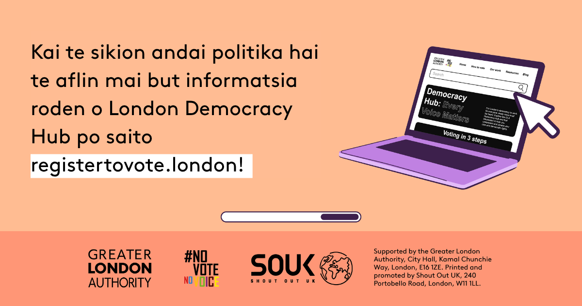 Check out the London Democracy Hub at GLA Democracy Hub for more info and political literacy resources with an open laptop computer with the Democracy Hub homepage on the screen. 