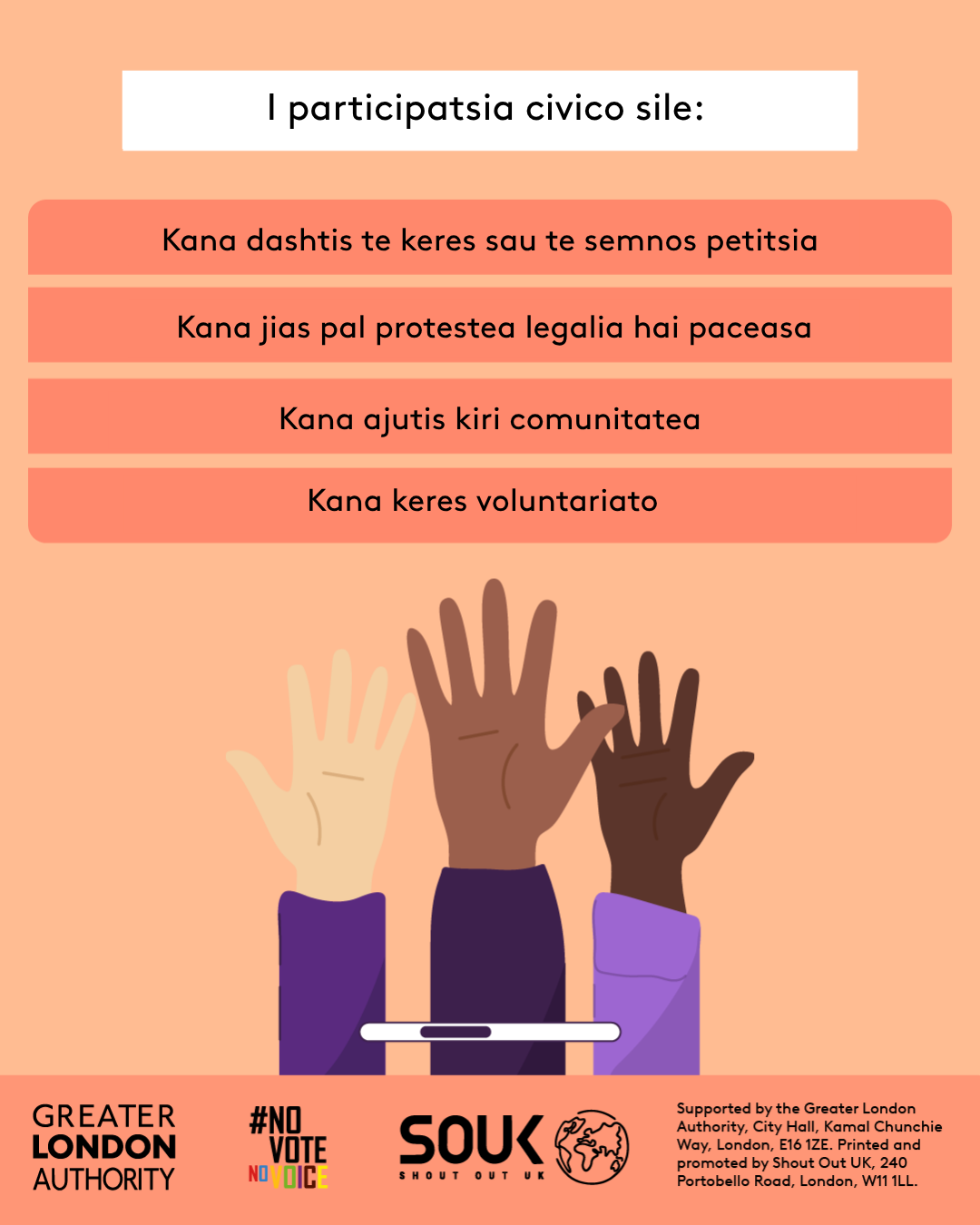 Civic participation includes the ability to start or sign petitions, taking part in peaceful, legal protest, being involved in community organising, volunteering. Three raised hands with open palms in different skin tones. 