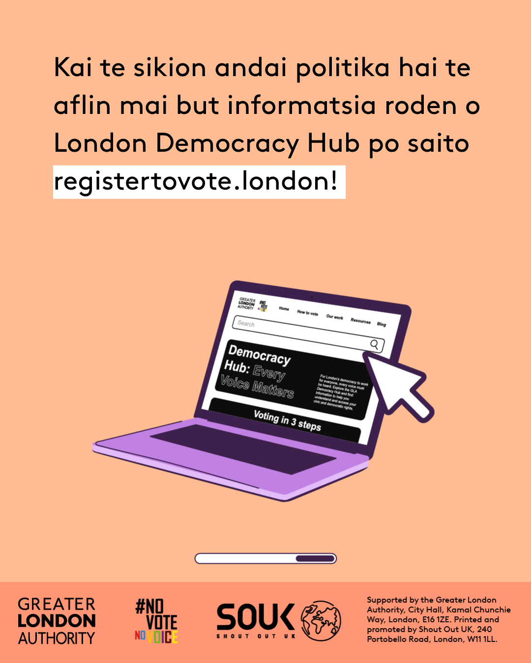 Check out the London Democracy Hub at GLA Democracy Hub for more info and political literacy resources with an open laptop computer with the Democracy Hub homepage on the screen. 