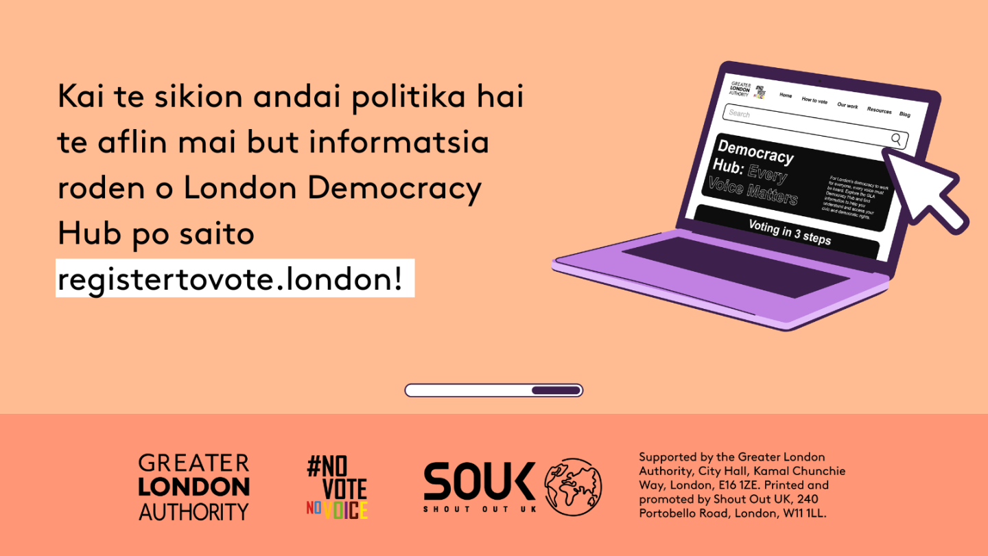 Check out the London Democracy Hub at GLA Democracy Hub for more info and political literacy resources with an open laptop computer with the Democracy Hub homepage on the screen. 
