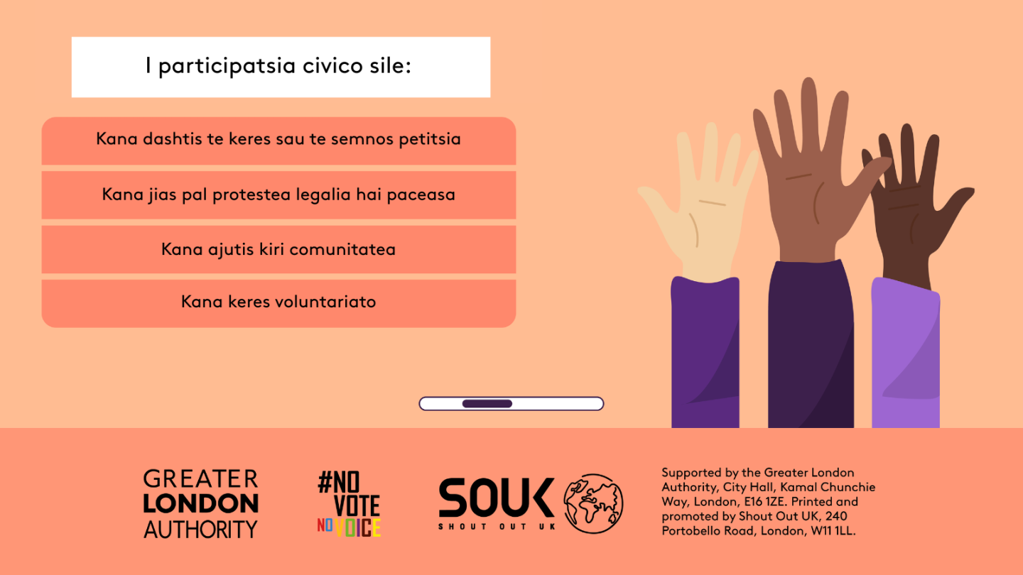 Civic participation includes the ability to start or sign petitions, taking part in peaceful, legal protest, being involved in community organising, volunteering. Three raised hands with open palms in different skin tones. 