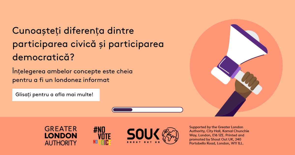 Do you know the difference between civic and democratic participation? A hand holding a megaphone. Understanding both is key to being an informed Londoner. Swipe to learn more!    