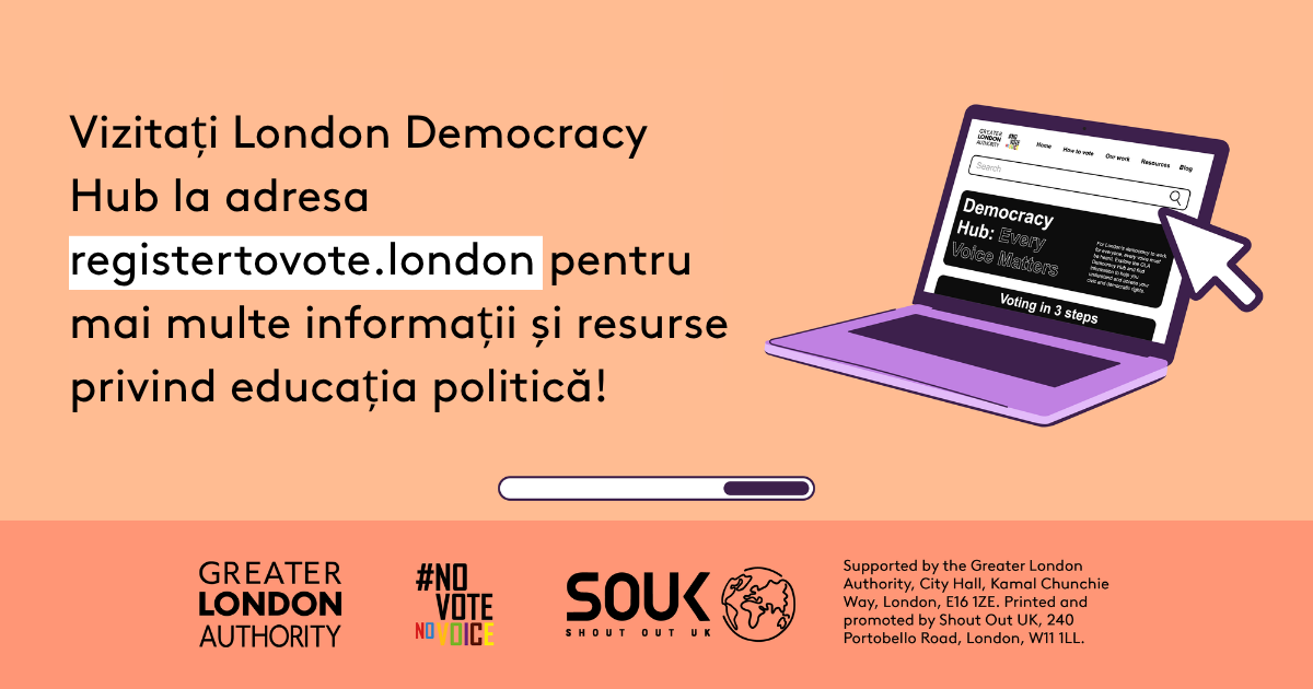 Check out the London Democracy Hub at GLA Democracy Hub for more info and political literacy resources with an open laptop computer with the Democracy Hub homepage on the screen. 
