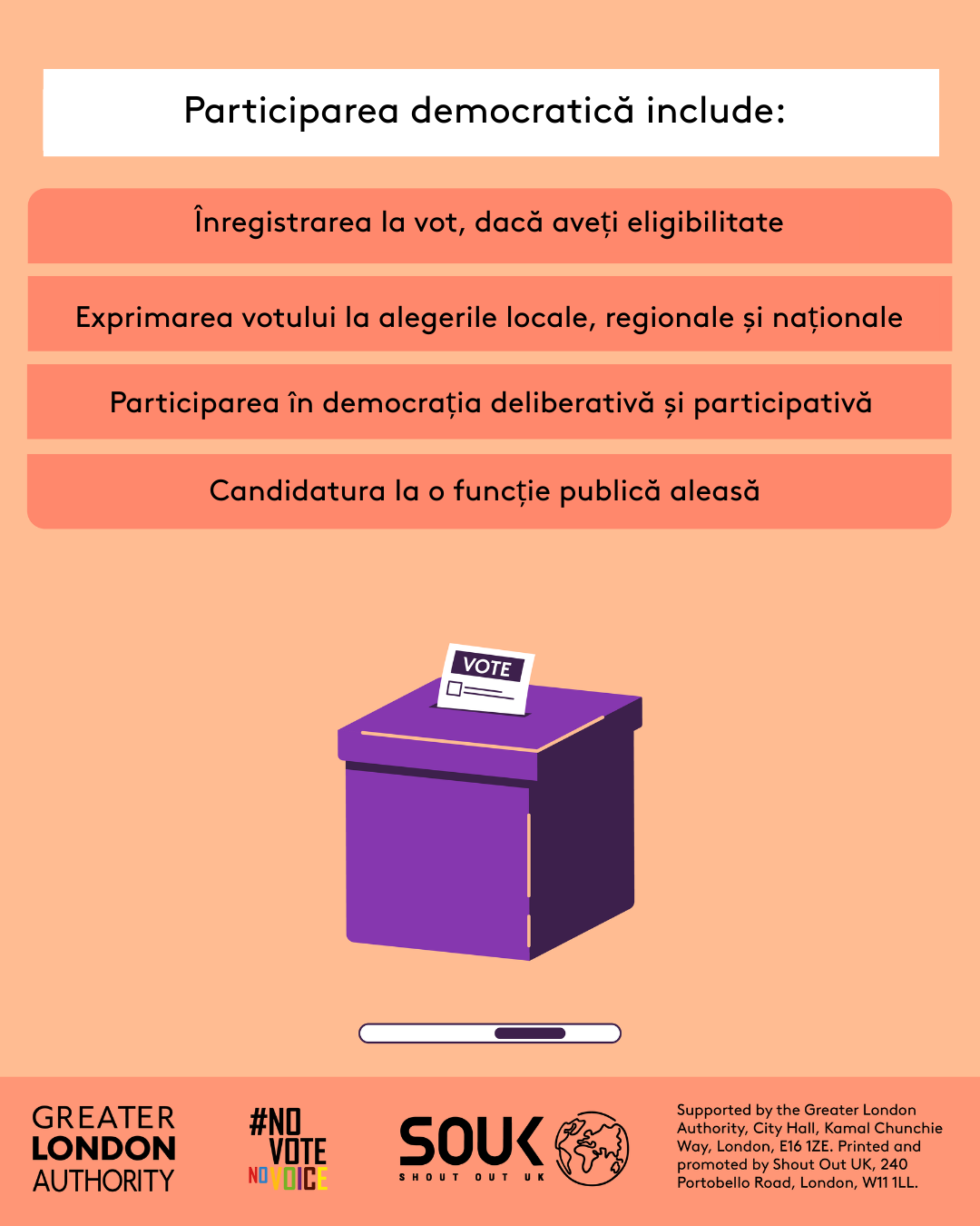 Democratic participation includes registering to vote, if eligible, voting in local, regional and national elections, taking part in deliberative and participatory democracy, standing for elected office. A ballot box with a ballot paper showing through the posting slot with ‘vote’ written on it. 