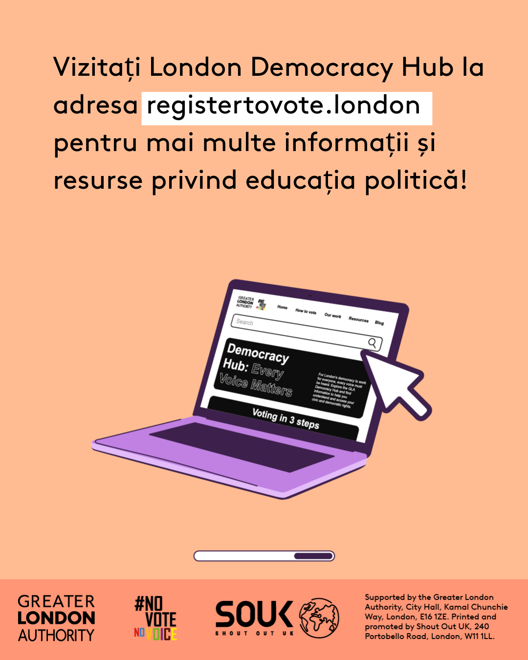 Check out the London Democracy Hub at GLA Democracy Hub for more info and political literacy resources with an open laptop computer with the Democracy Hub homepage on the screen. 