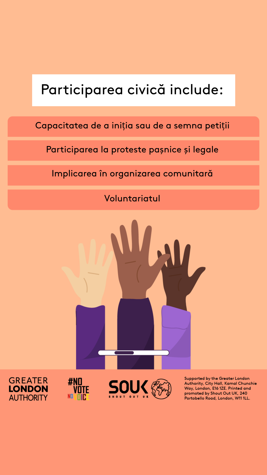 Civic participation includes the ability to start or sign petitions, taking part in peaceful, legal protest, being involved in community organising, volunteering. Three raised hands with open palms in different skin tones. 