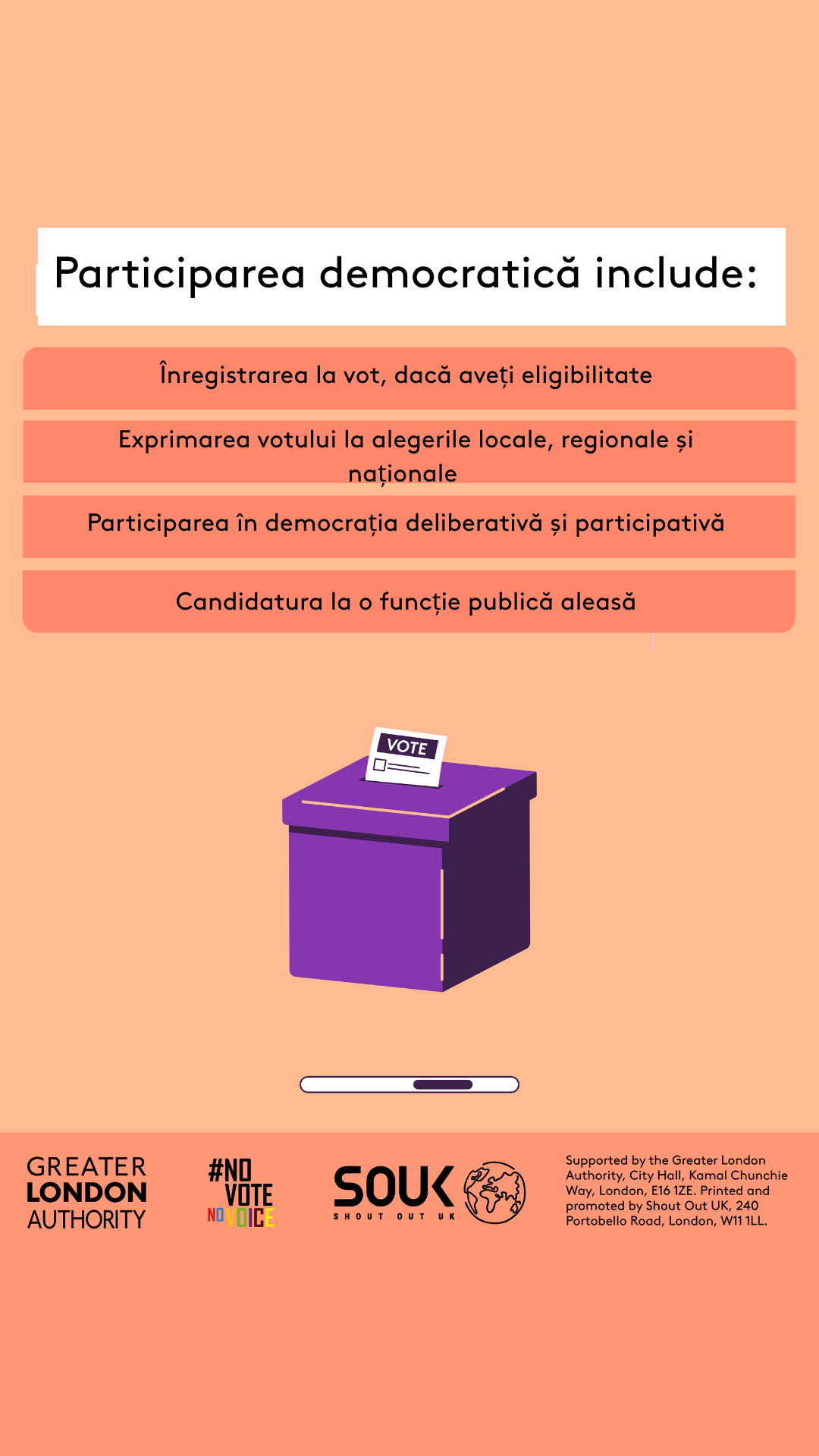 Democratic participation includes registering to vote, if eligible, voting in local, regional and national elections, taking part in deliberative and participatory democracy, standing for elected office. A ballot box with a ballot paper showing through the posting slot with ‘vote’ written on it. 
