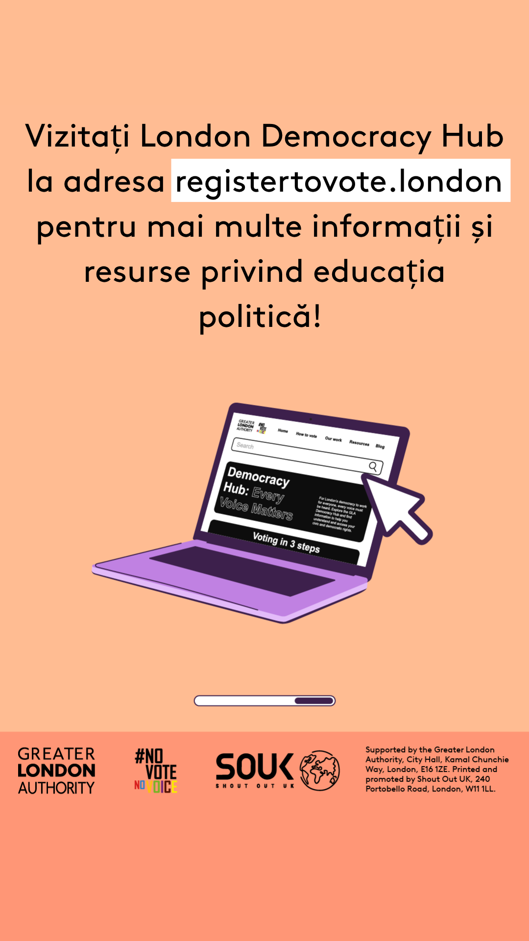 Check out the London Democracy Hub at GLA Democracy Hub for more info and political literacy resources with an open laptop computer with the Democracy Hub homepage on the screen. 