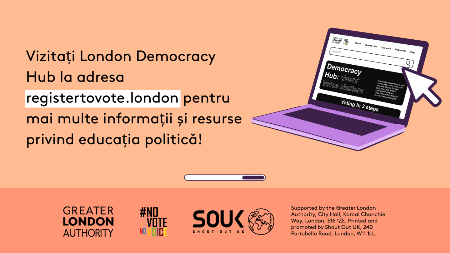Check out the London Democracy Hub at GLA Democracy Hub for more info and political literacy resources with an open laptop computer with the Democracy Hub homepage on the screen. 
