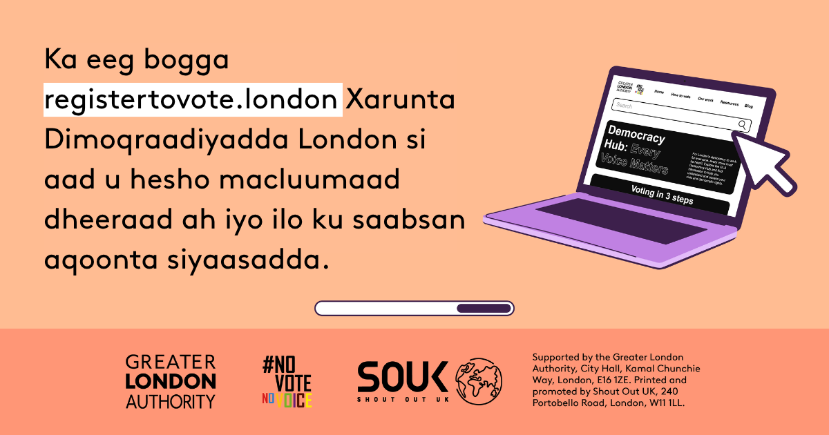 Check out the London Democracy Hub at GLA Democracy Hub for more info and political literacy resources with an open laptop computer with the Democracy Hub homepage on the screen. 