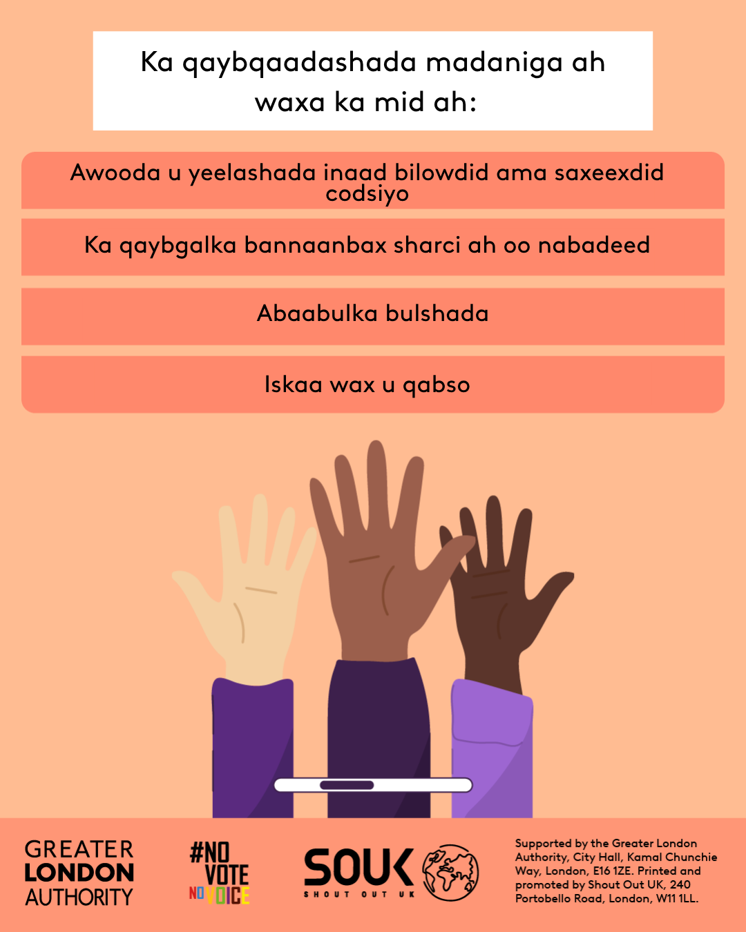 Civic participation includes the ability to start or sign petitions, taking part in peaceful, legal protest, being involved in community organising, volunteering. Three raised hands with open palms in different skin tones. 