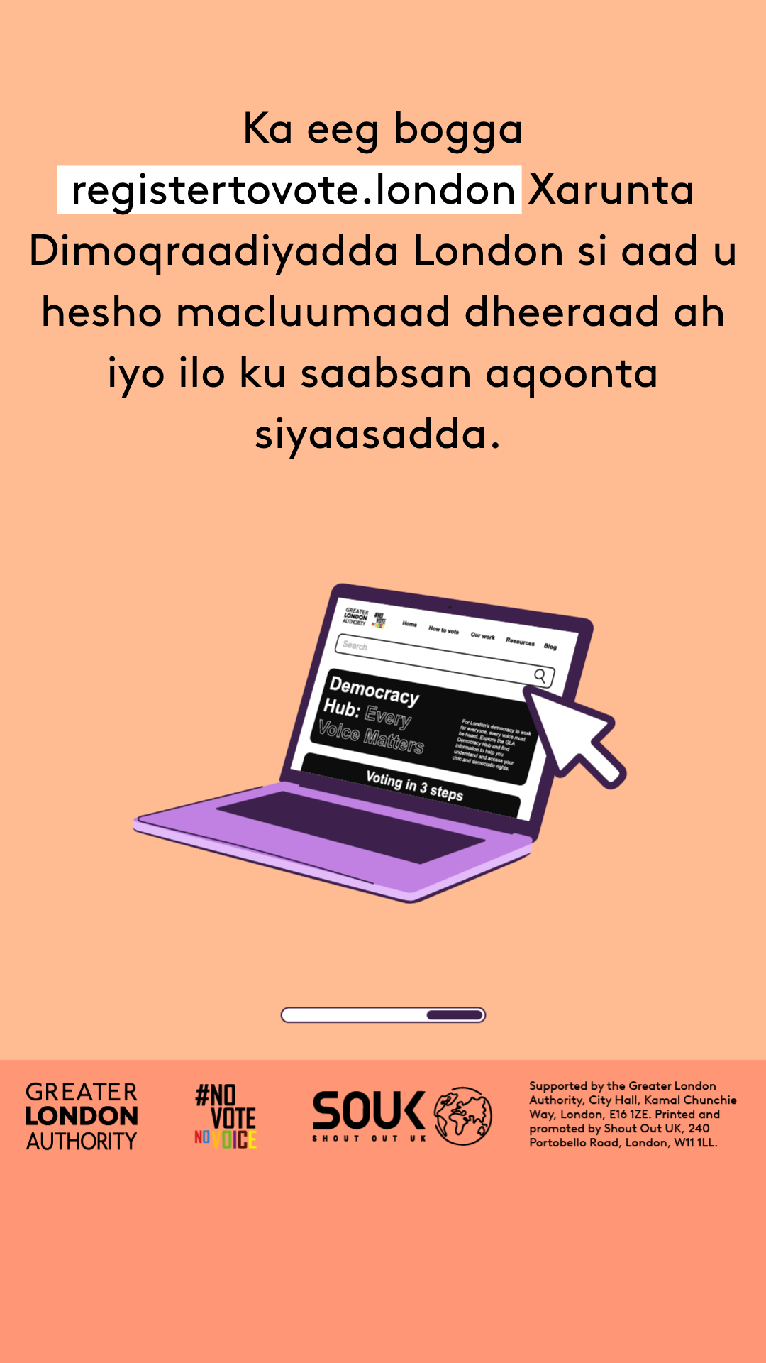 Check out the London Democracy Hub at GLA Democracy Hub for more info and political literacy resources with an open laptop computer with the Democracy Hub homepage on the screen. 