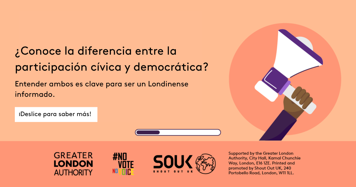 Do you know the difference between civic and democratic participation? A hand holding a megaphone. Understanding both is key to being an informed Londoner. Swipe to learn more! 