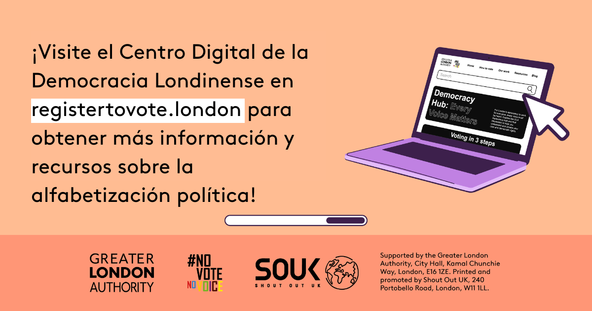 Check out the London Democracy Hub at GLA Democracy Hub for more info and political literacy resources with an open laptop computer with the Democracy Hub homepage on the screen. 