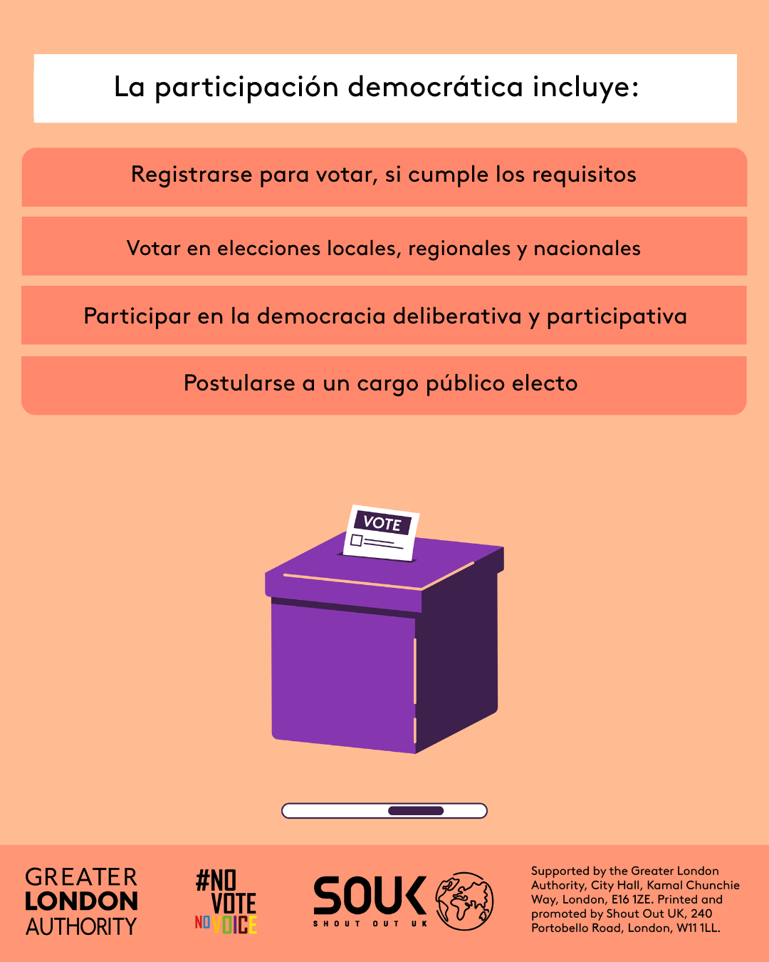 Democratic participation includes registering to vote, if eligible, voting in local, regional and national elections, taking part in deliberative and participatory democracy, standing for elected office. A ballot box with a ballot paper showing through the posting slot with ‘vote’ written on it. 