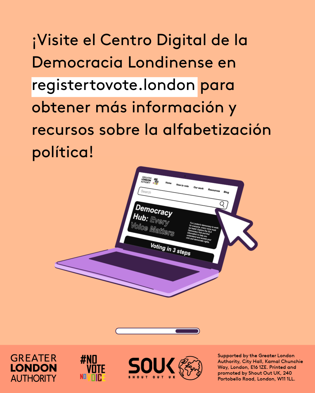 Check out the London Democracy Hub at GLA Democracy Hub for more info and political literacy resources with an open laptop computer with the Democracy Hub homepage on the screen. 