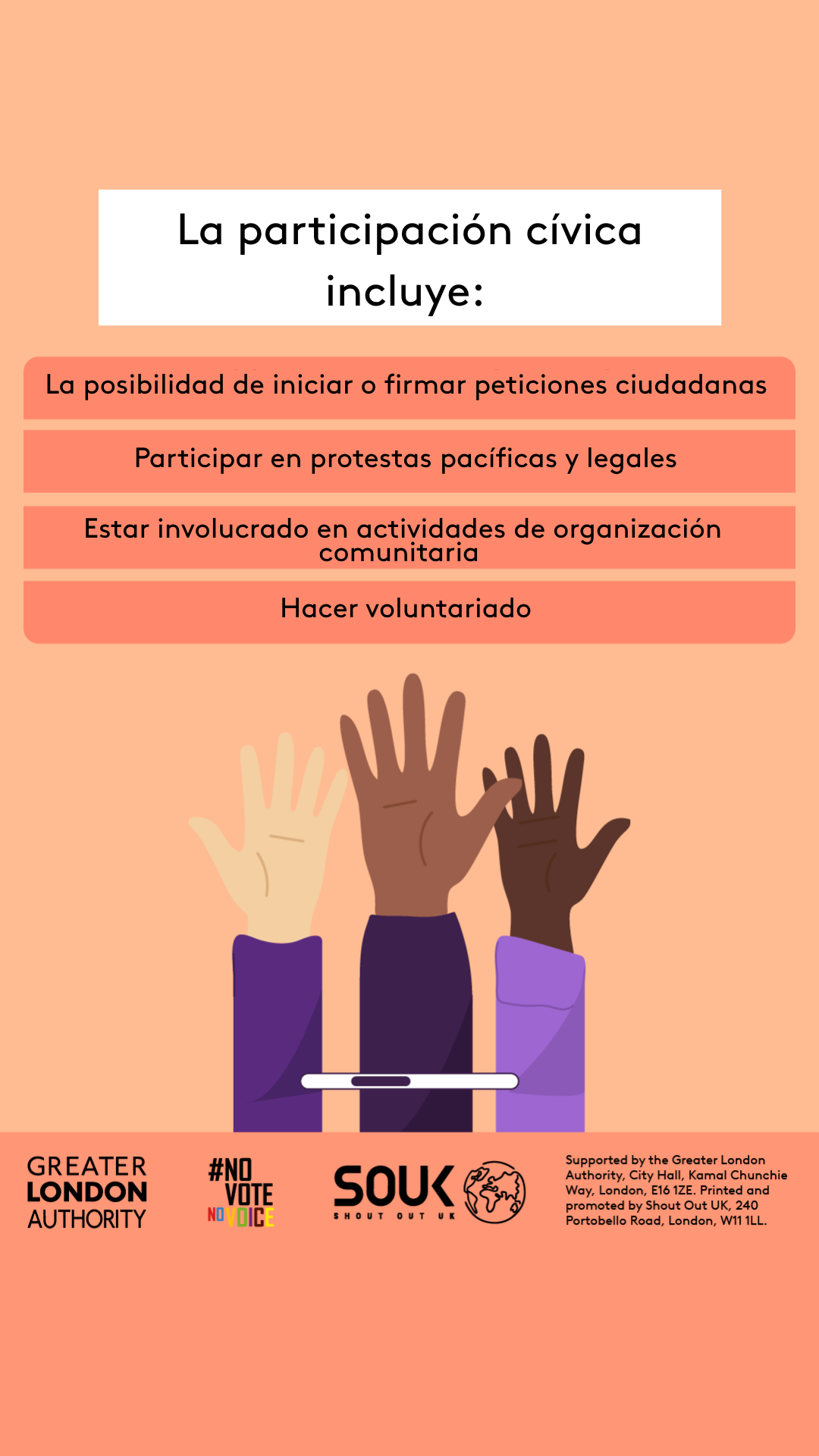 Civic participation includes the ability to start or sign petitions, taking part in peaceful, legal protest, being involved in community organising, volunteering. Three raised hands with open palms in different skin tones. 
