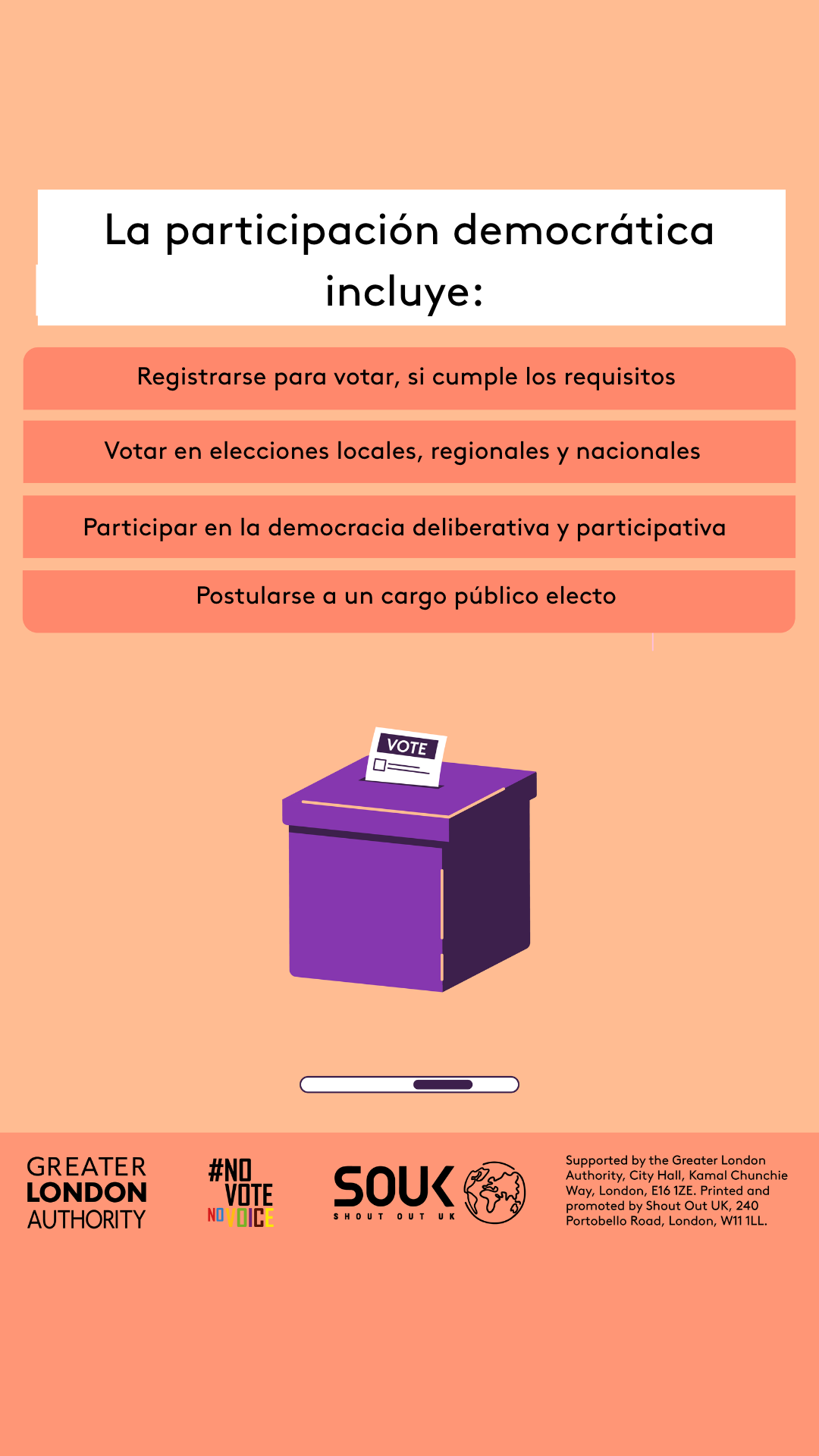 Democratic participation includes registering to vote, if eligible, voting in local, regional and national elections, taking part in deliberative and participatory democracy, standing for elected office. A ballot box with a ballot paper showing through the posting slot with ‘vote’ written on it. 