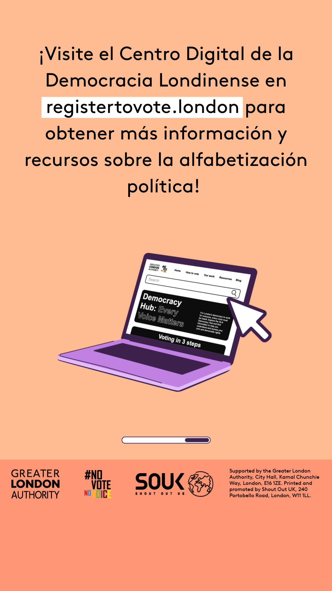 Check out the London Democracy Hub at GLA Democracy Hub for more info and political literacy resources with an open laptop computer with the Democracy Hub homepage on the screen. 