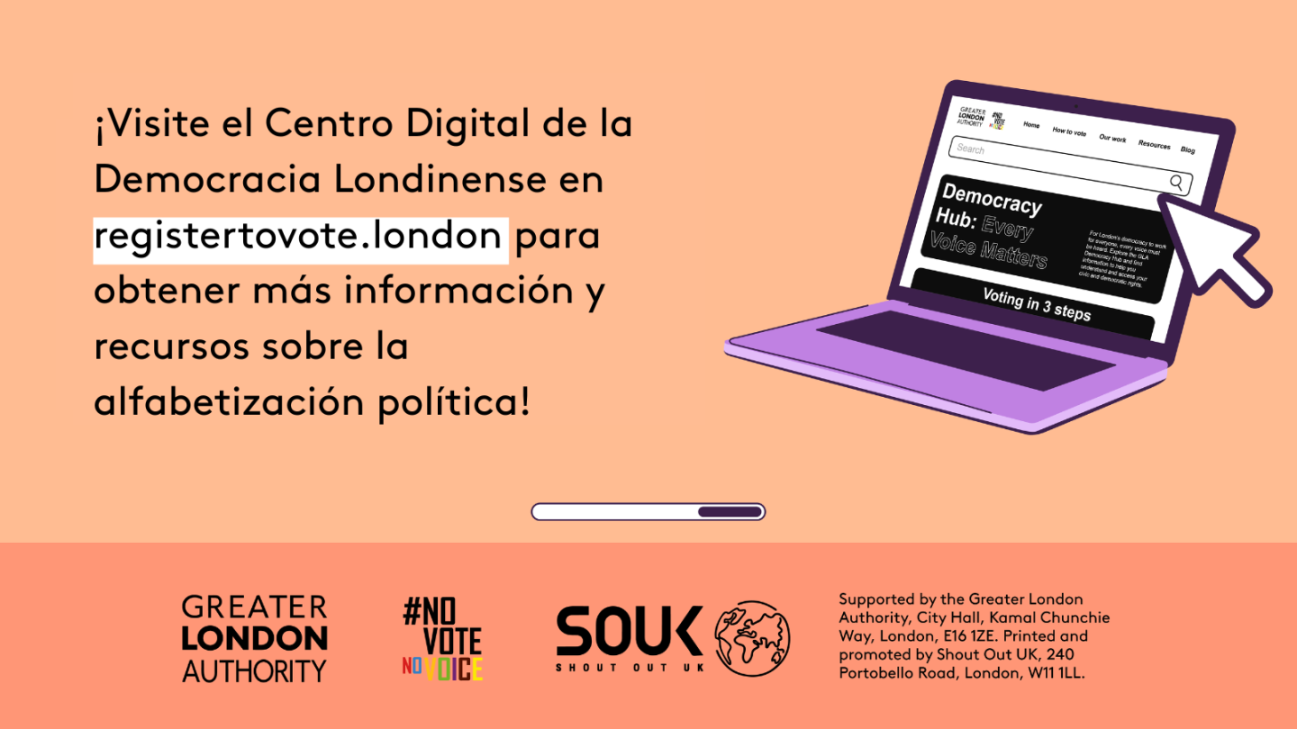 Check out the London Democracy Hub at GLA Democracy Hub for more info and political literacy resources with an open laptop computer with the Democracy Hub homepage on the screen. 