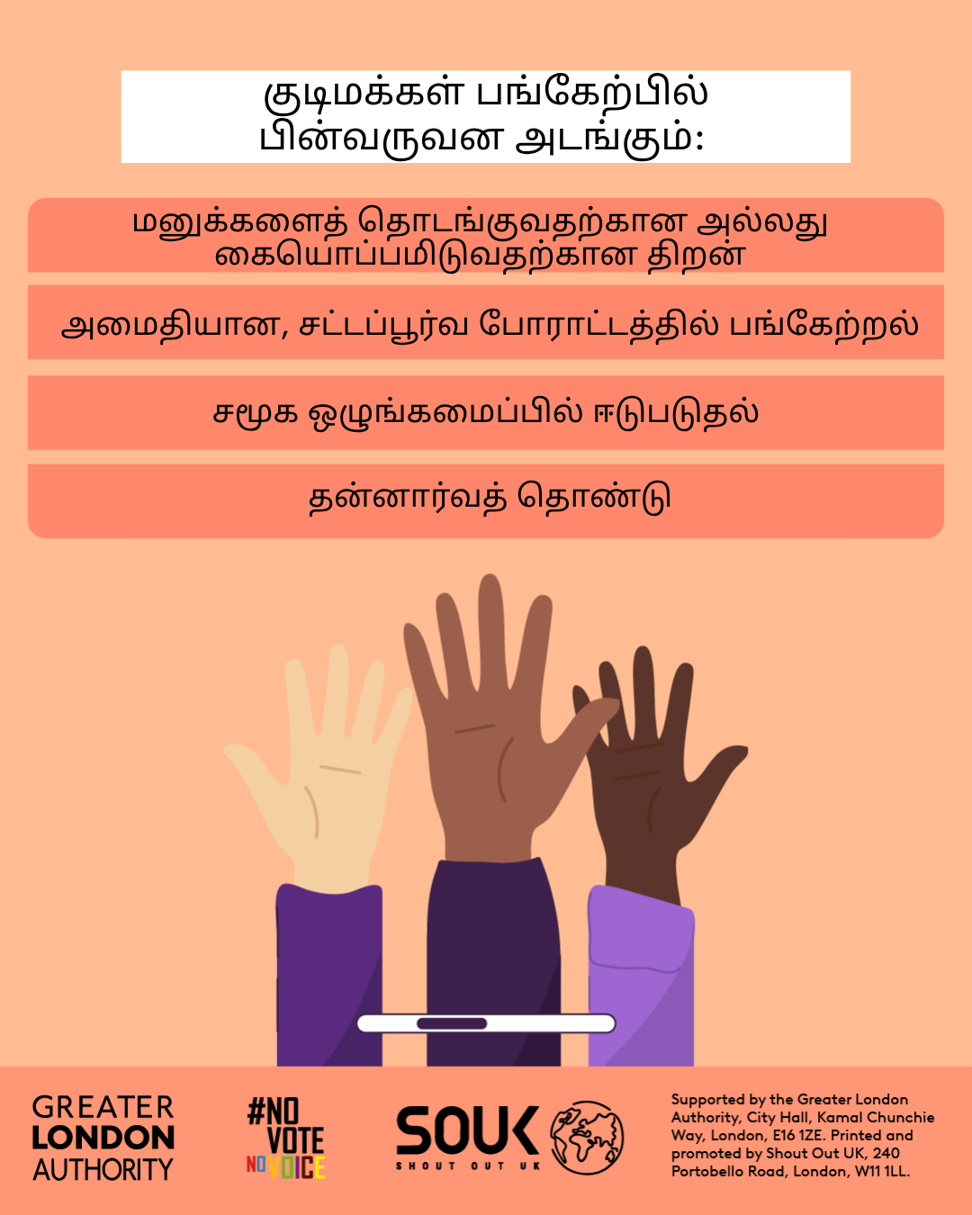 Civic participation includes the ability to start or sign petitions, taking part in peaceful, legal protest, being involved in community organising, volunteering. Three raised hands with open palms in different skin tones. 