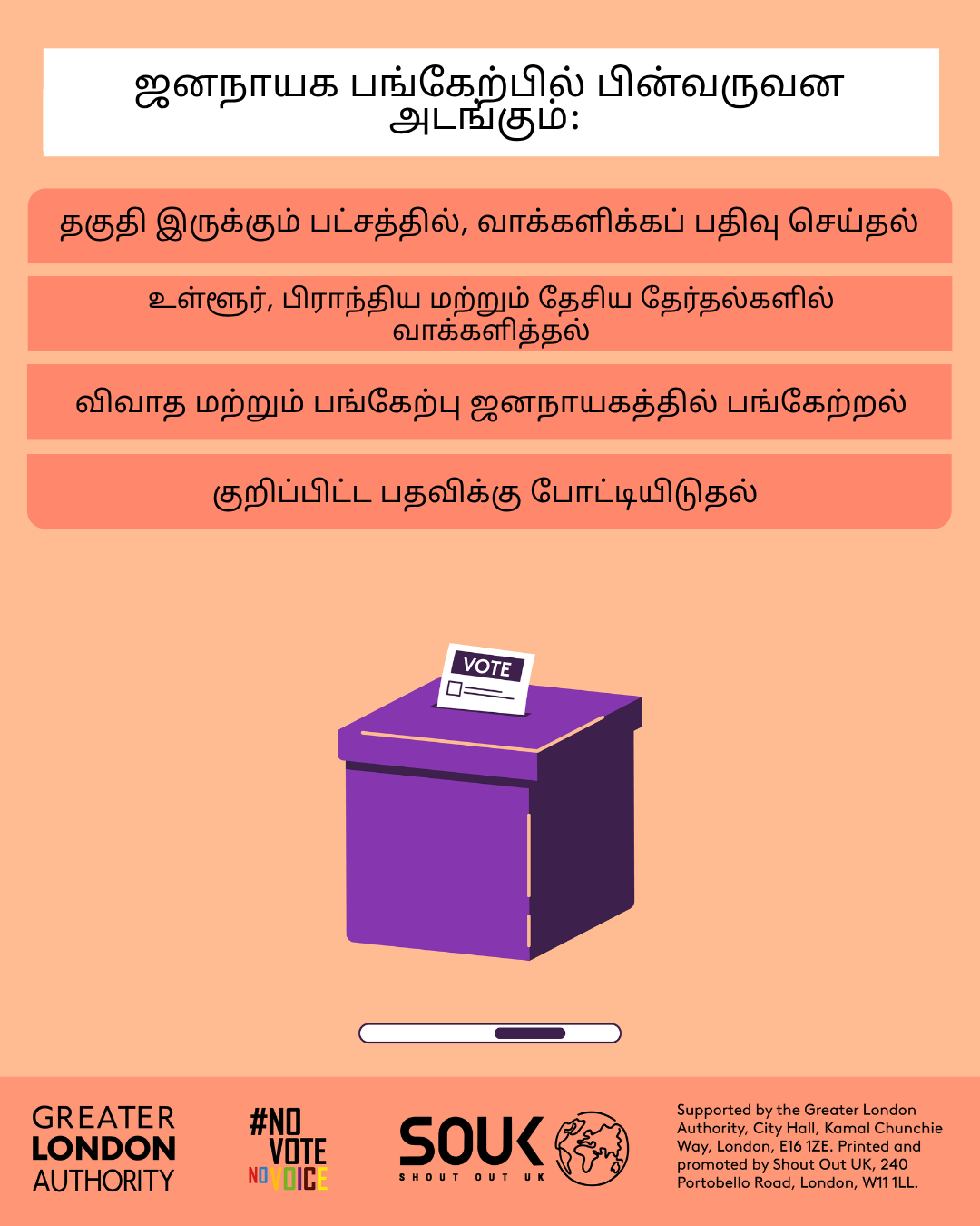 Democratic participation includes registering to vote, if eligible, voting in local, regional and national elections, taking part in deliberative and participatory democracy, standing for elected office. A ballot box with a ballot paper showing through the posting slot with ‘vote’ written on it. 