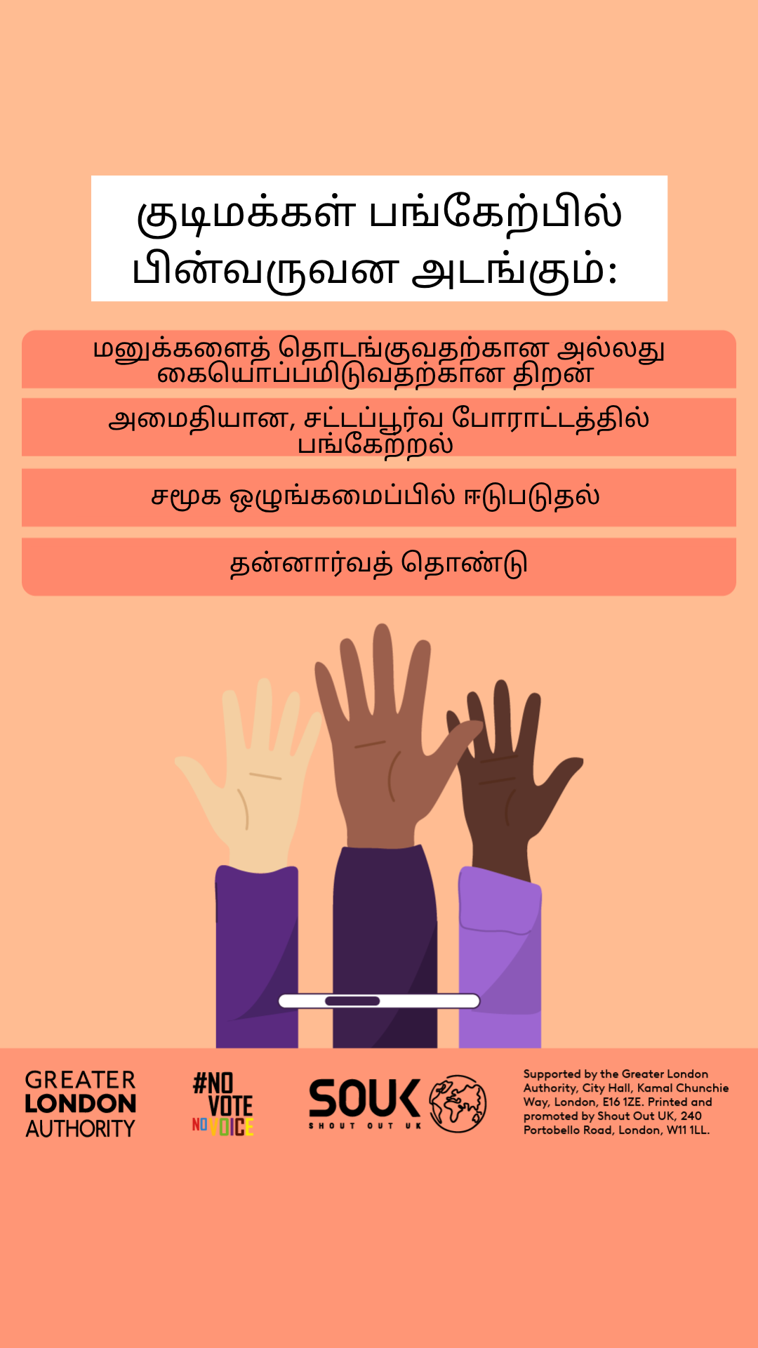 Civic participation includes the ability to start or sign petitions, taking part in peaceful, legal protest, being involved in community organising, volunteering. Three raised hands with open palms in different skin tones. 