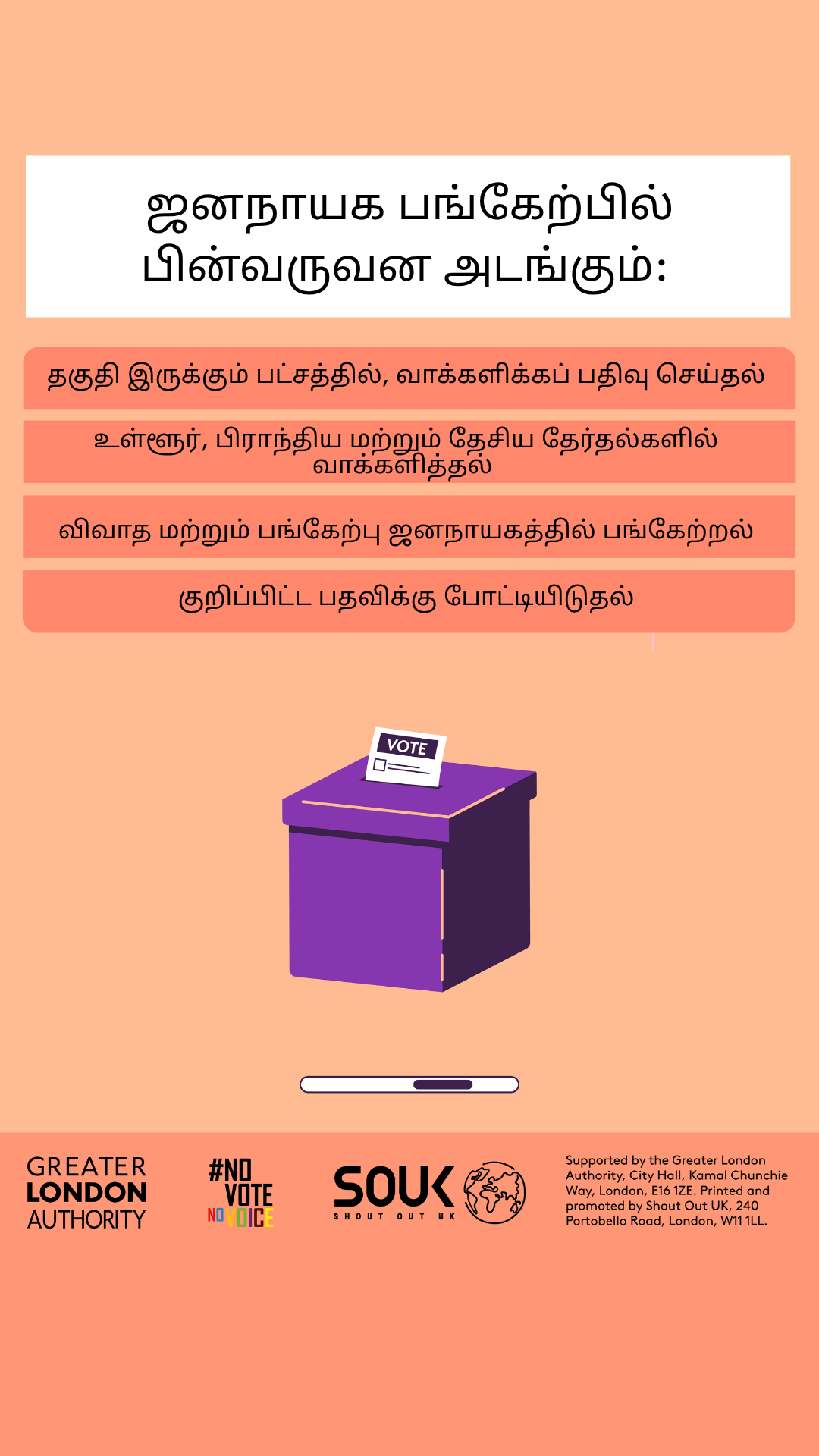 Democratic participation includes registering to vote, if eligible, voting in local, regional and national elections, taking part in deliberative and participatory democracy, standing for elected office. A ballot box with a ballot paper showing through the posting slot with ‘vote’ written on it. 