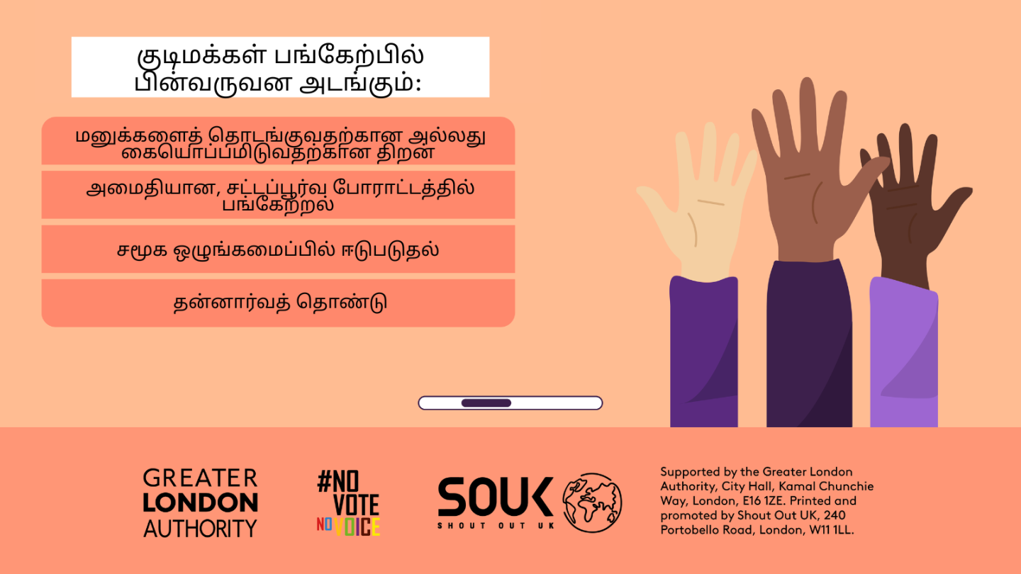Civic participation includes the ability to start or sign petitions, taking part in peaceful, legal protest, being involved in community organising, volunteering. Three raised hands with open palms in different skin tones. 