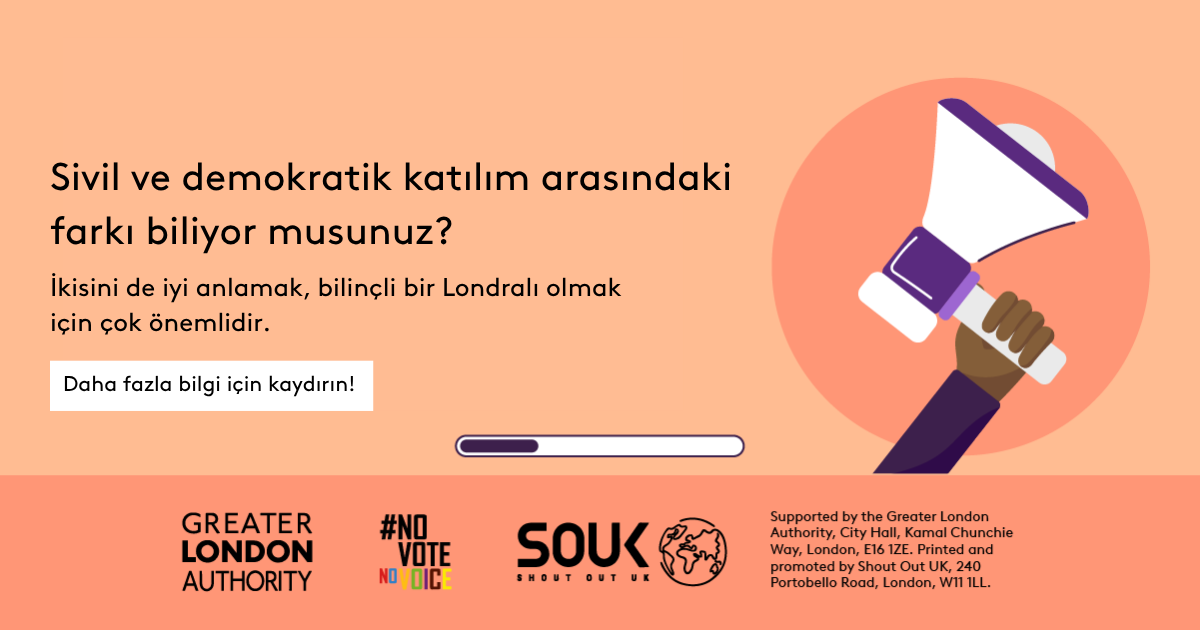 Do you know the difference between civic and democratic participation? A hand holding a megaphone. Understanding both is key to being an informed Londoner. Swipe to learn more! 
