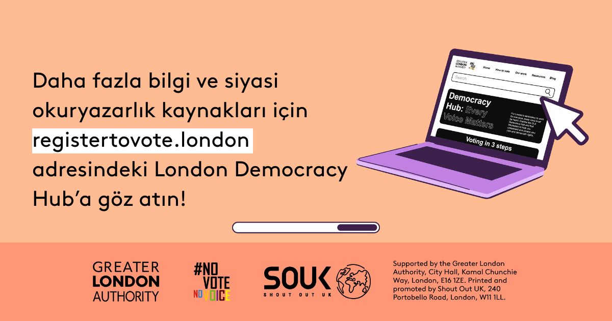 Check out the London Democracy Hub at GLA Democracy Hub for more info and political literacy resources with an open laptop computer with the Democracy Hub homepage on the screen. 