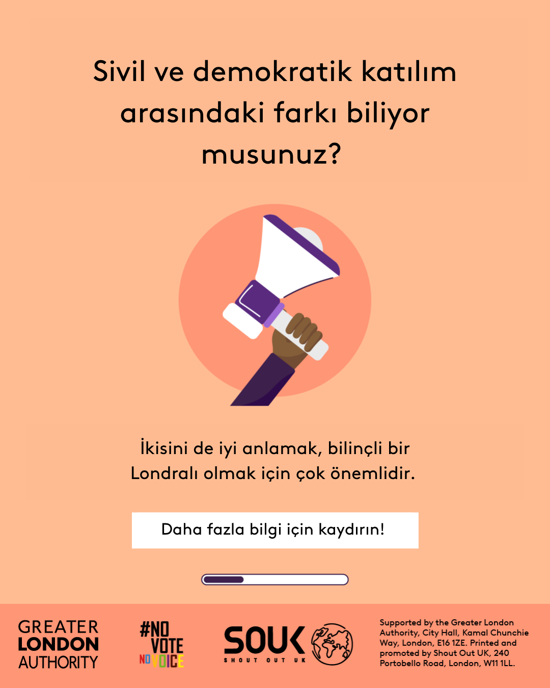 Do you know the difference between civic and democratic participation? A hand holding a megaphone. Understanding both is key to being an informed Londoner. Swipe to learn more! 