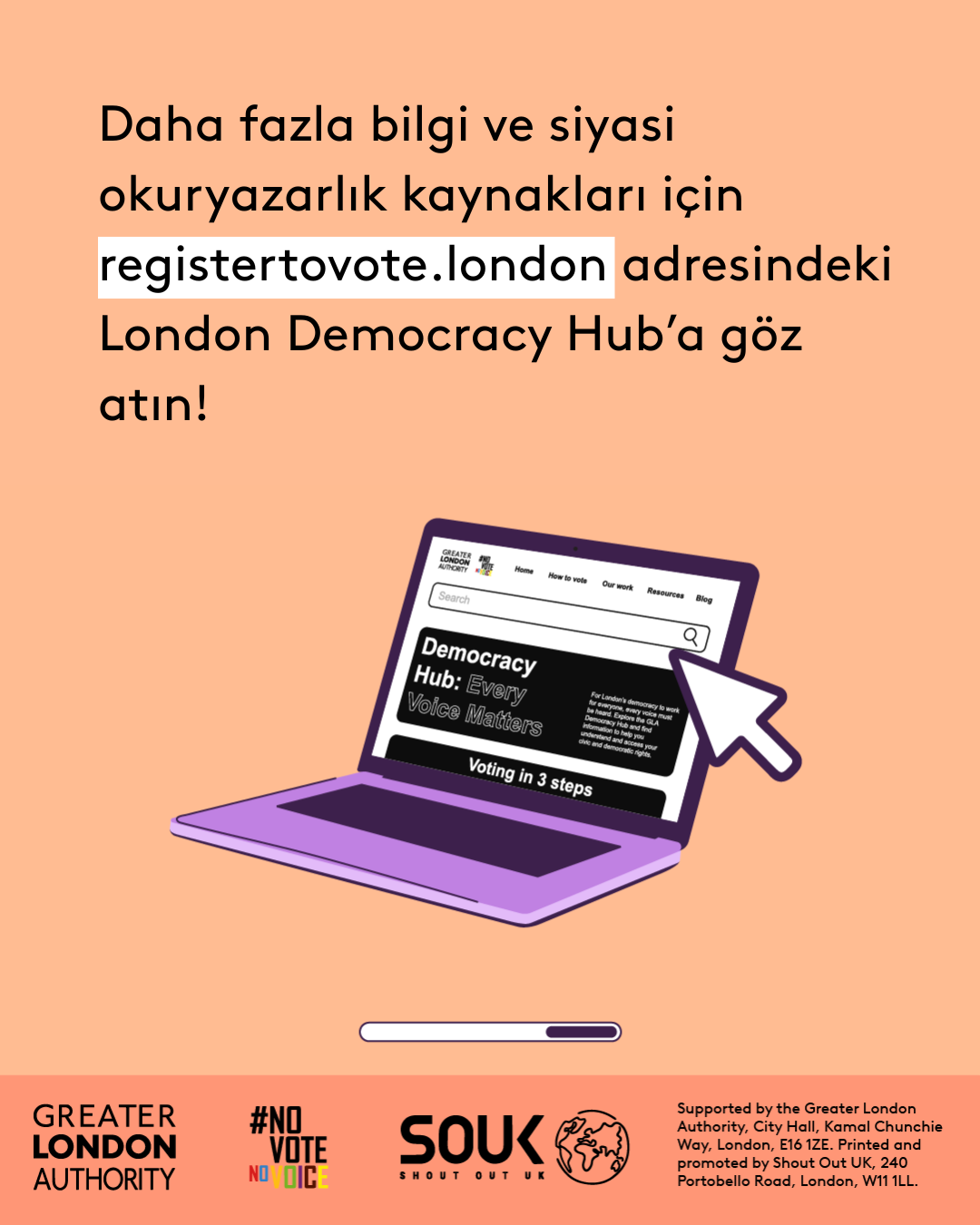Check out the London Democracy Hub at GLA Democracy Hub for more info and political literacy resources with an open laptop computer with the Democracy Hub homepage on the screen. 