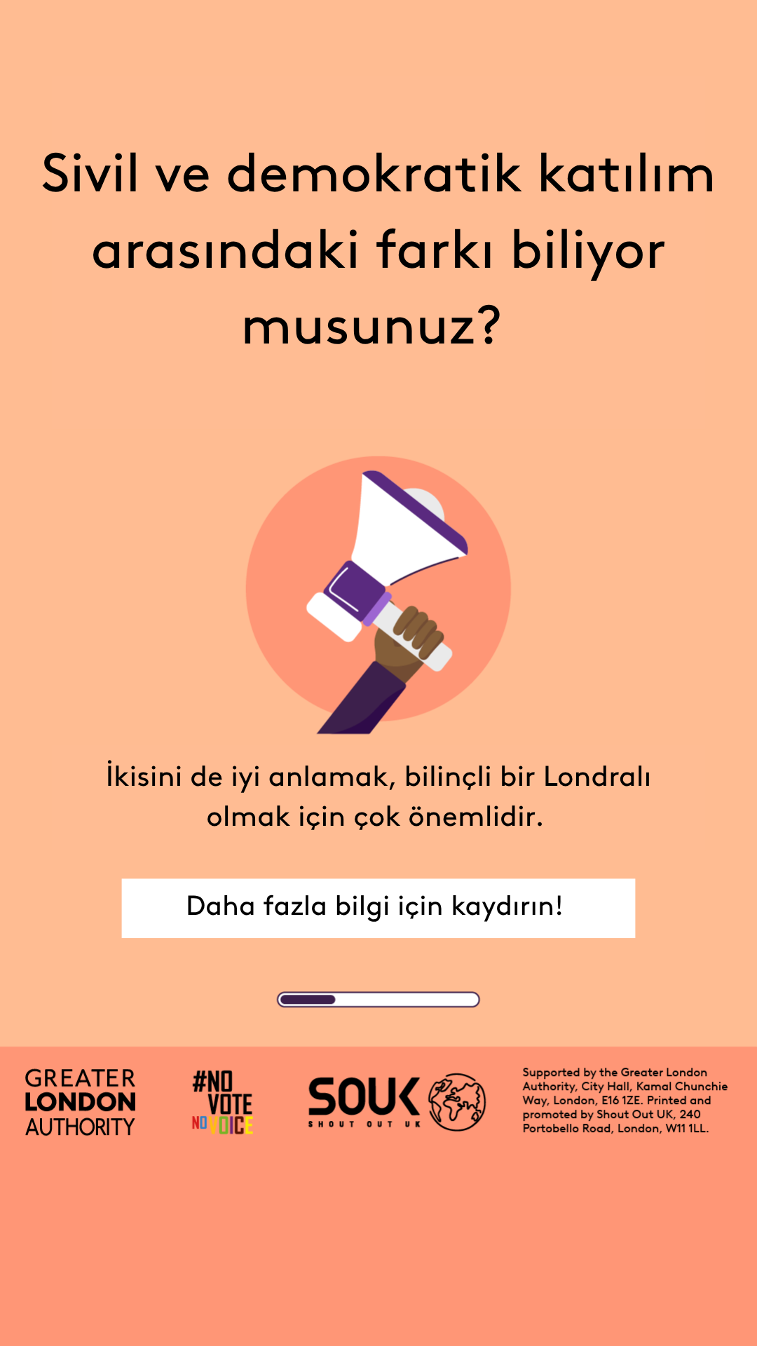 Do you know the difference between civic and democratic participation? A hand holding a megaphone. Understanding both is key to being an informed Londoner. Swipe to learn more!    