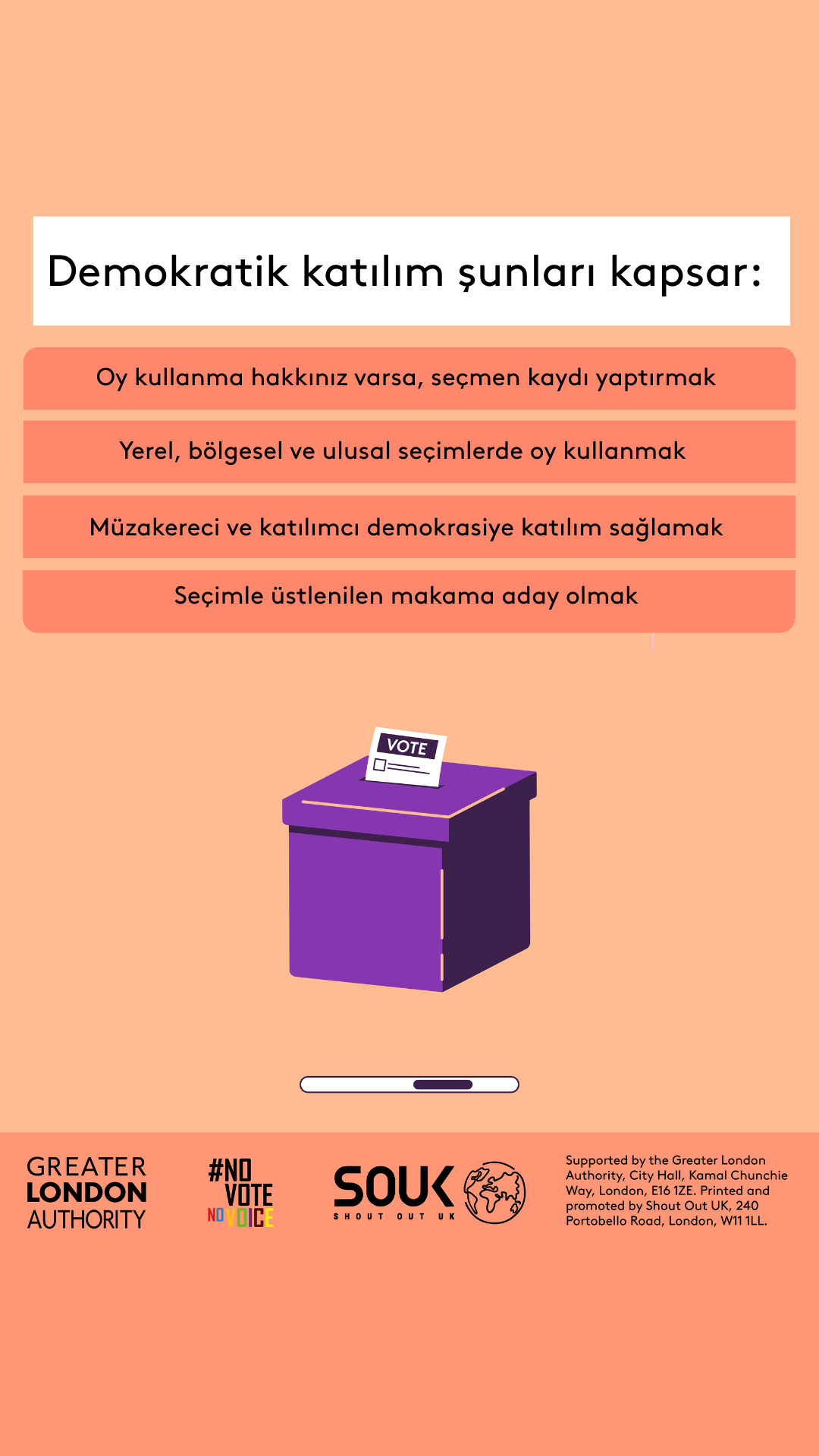 Democratic participation includes registering to vote, if eligible, voting in local, regional and national elections, taking part in deliberative and participatory democracy, standing for elected office. A ballot box with a ballot paper showing through the posting slot with ‘vote’ written on it. 