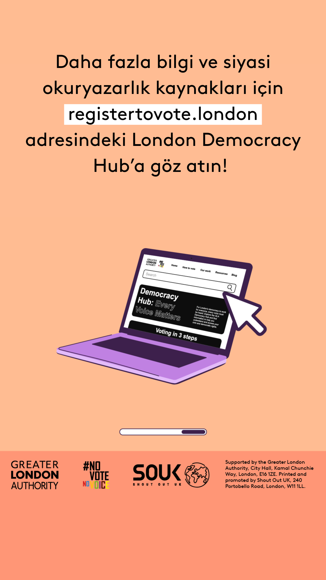 Check out the London Democracy Hub at GLA Democracy Hub for more info and political literacy resources with an open laptop computer with the Democracy Hub homepage on the screen. 