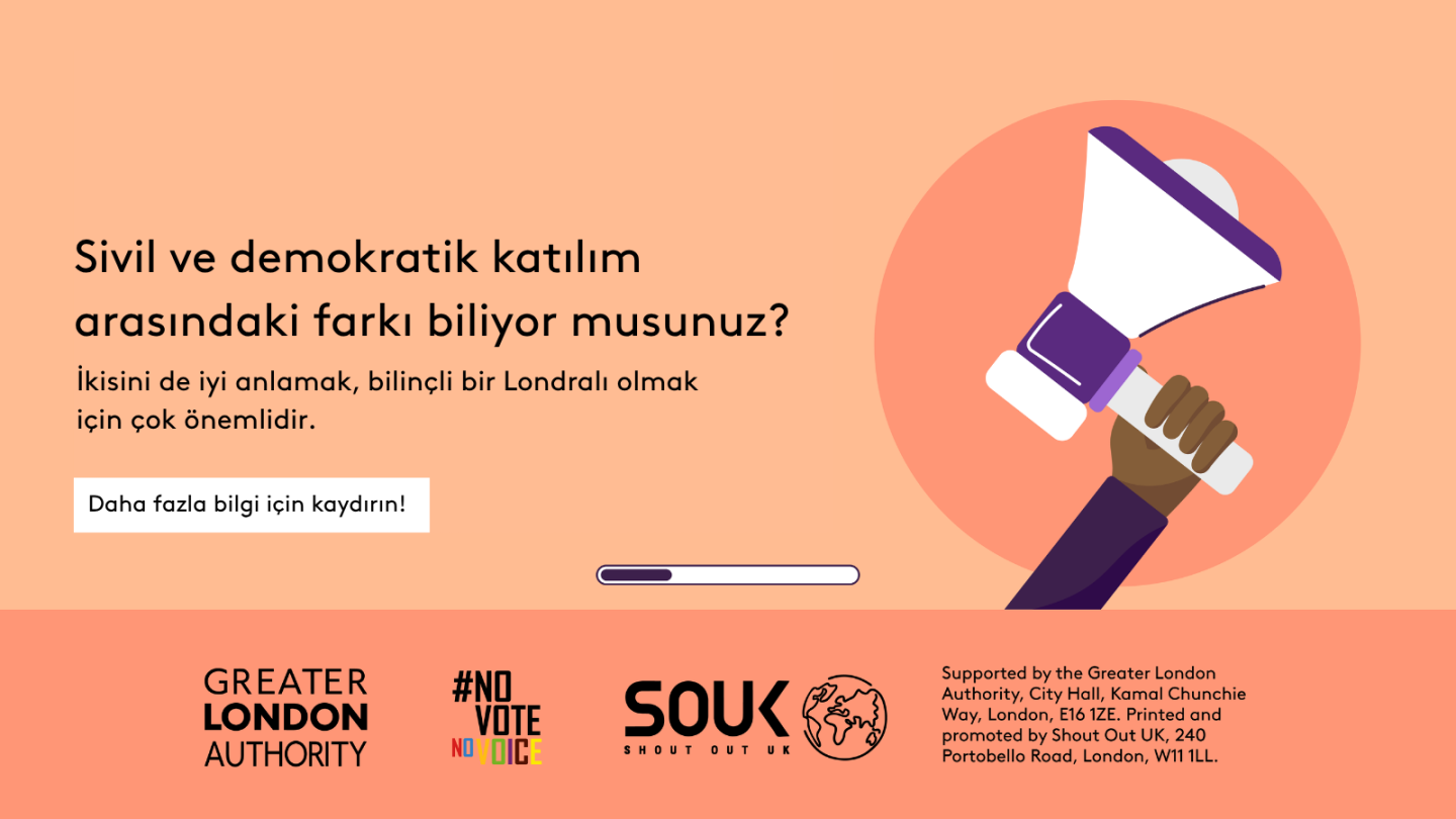 Do you know the difference between civic and democratic participation? A hand holding a megaphone. Understanding both is key to being an informed Londoner. Swipe to learn more! 