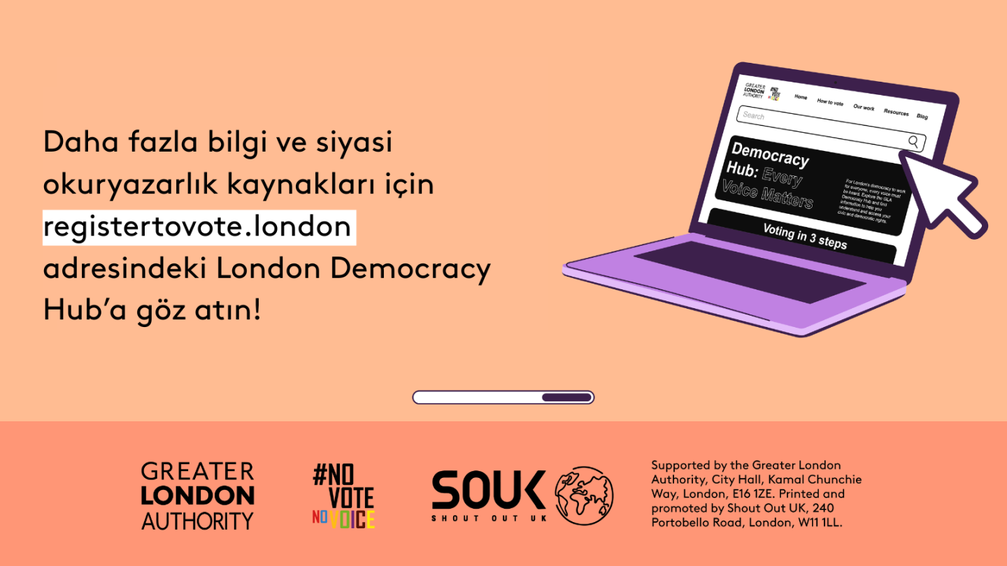 Check out the London Democracy Hub at GLA Democracy Hub for more info and political literacy resources with an open laptop computer with the Democracy Hub homepage on the screen. 