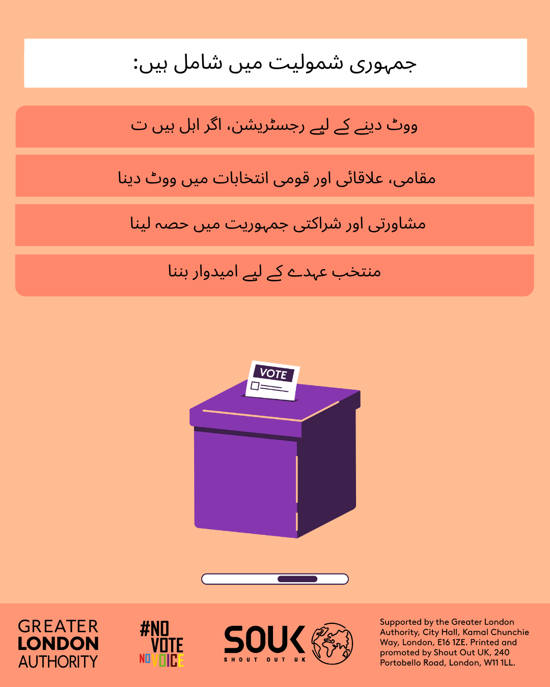 Democratic participation includes registering to vote, if eligible, voting in local, regional and national elections, taking part in deliberative and participatory democracy, standing for elected office. A ballot box with a ballot paper showing through the posting slot with ‘vote’ written on it. 