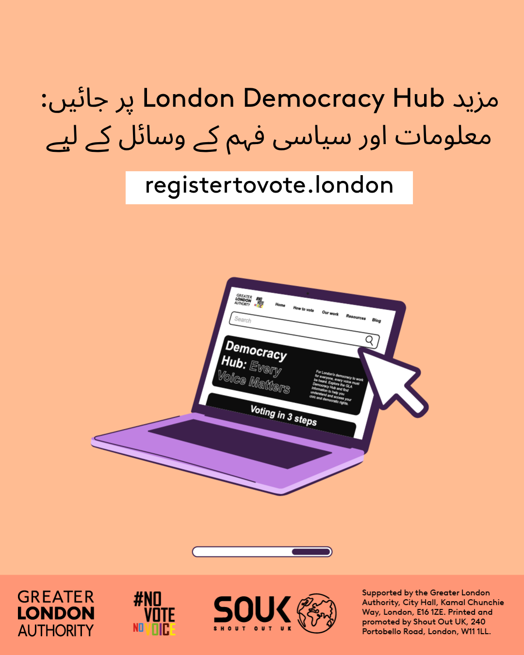 Check out the London Democracy Hub at GLA Democracy Hub for more info and political literacy resources with an open laptop computer with the Democracy Hub homepage on the screen. 
