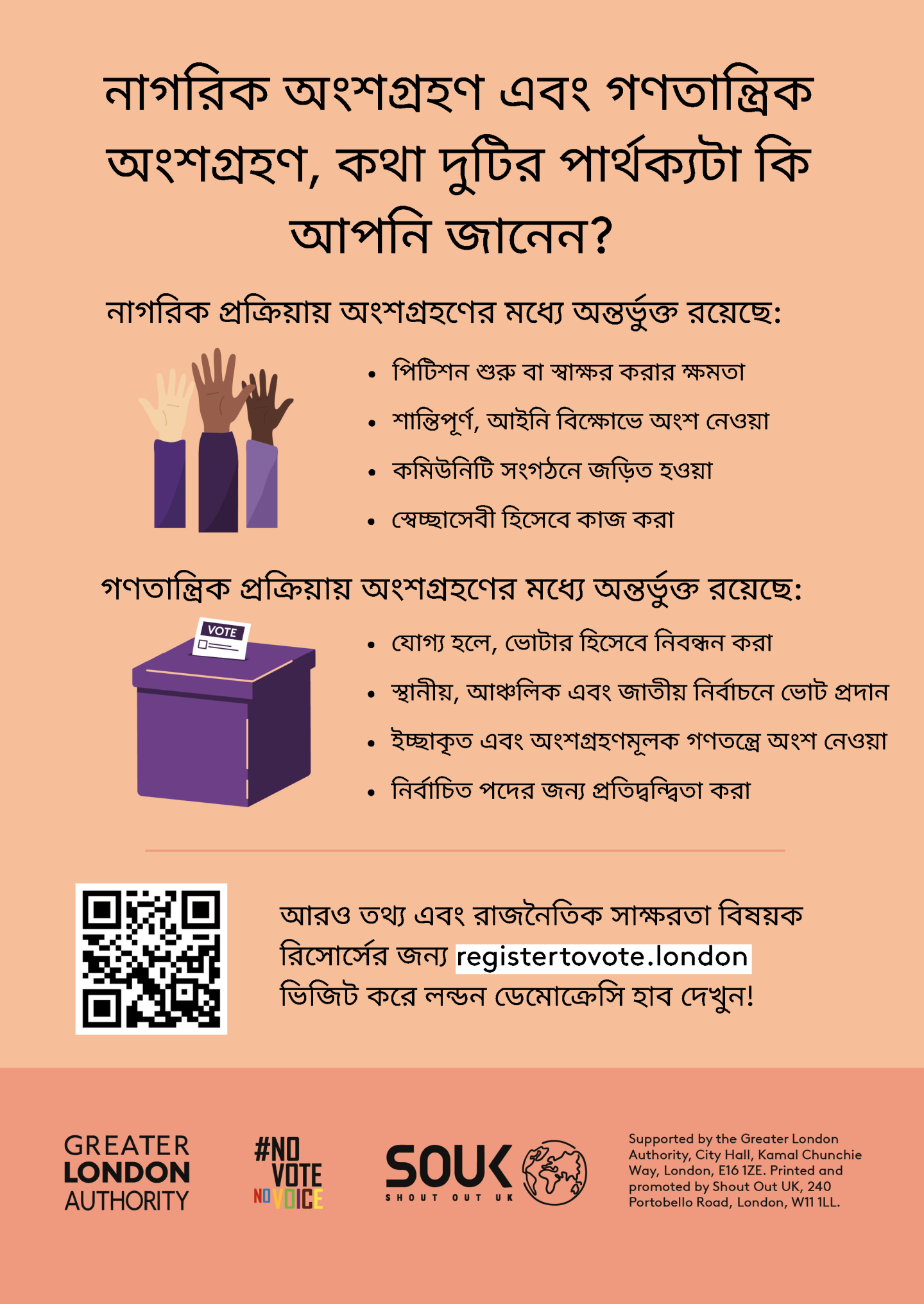 Do you know the difference between civic and democratic participation? Understanding both is key to being an informed Londoner. Civic participation = the ability to start or sign petitions, taking part in peaceful, legal protest, being involved in community organising, volunteering. Democratic participation = registering to vote, if eligible, voting in elections, taking part in deliberative and participatory democracy, standing for elected office. Check out the GLA Democracy Hub for more info.